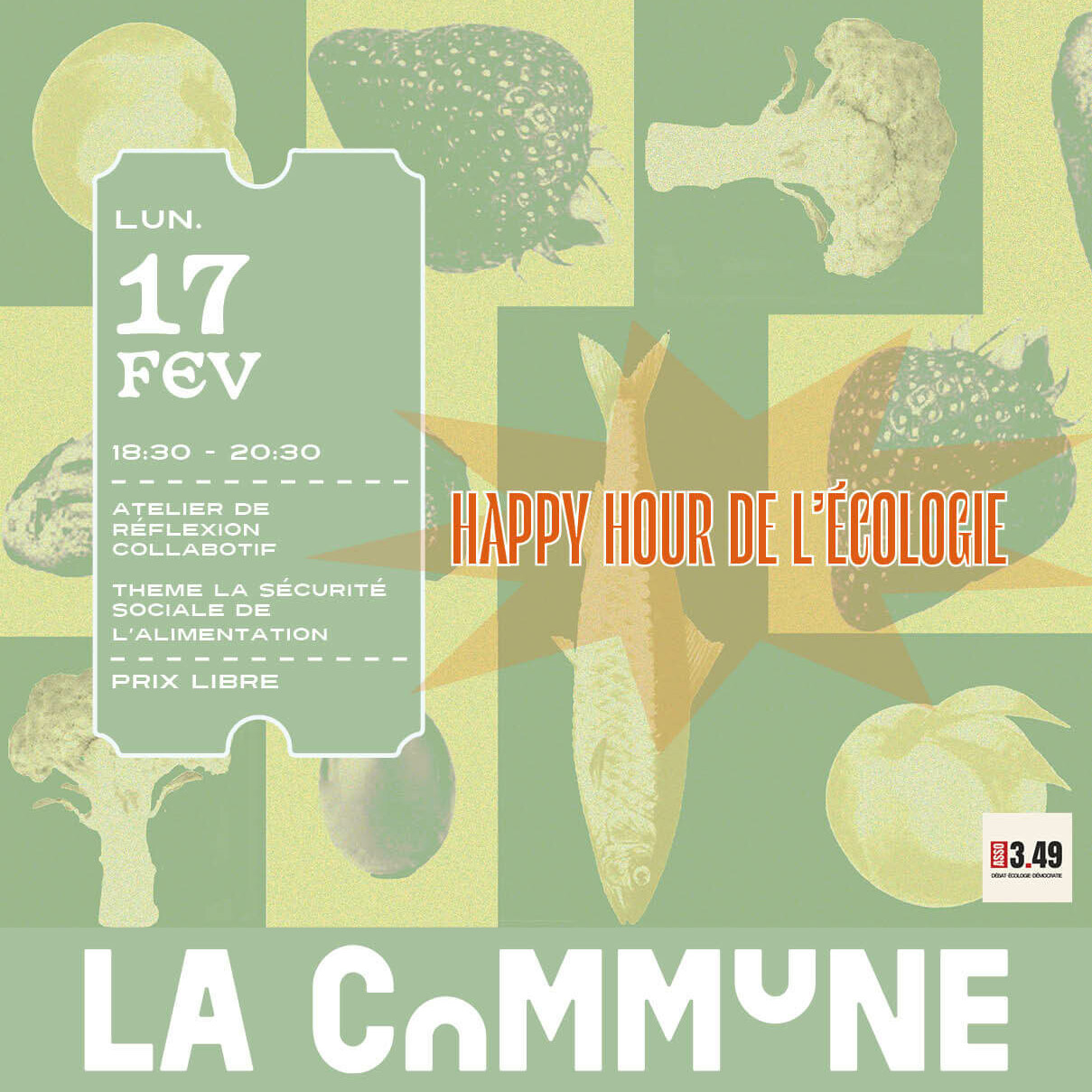 Affiche de l&rsquo;atelier collaboratif sur la s&eacute;curit&eacute; sociale de l&rsquo;alimentation &agrave; La Commune, avec un design vintage de fruits et l&eacute;gumes.