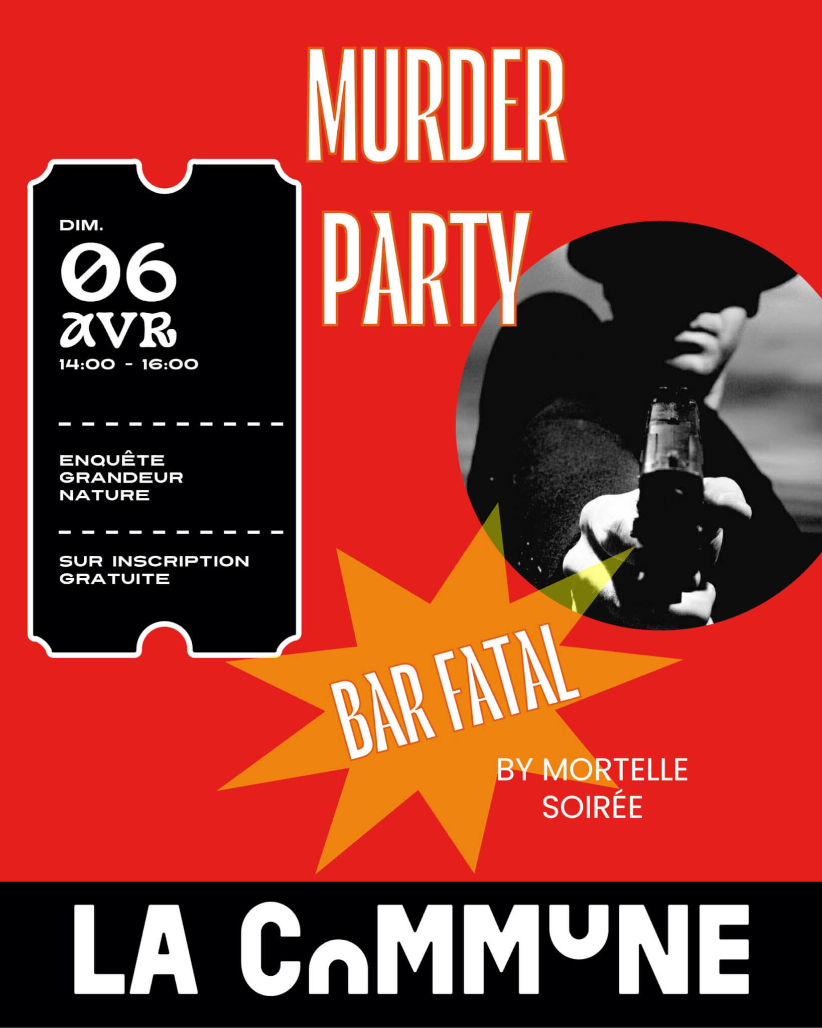 Visuel de la Murder Party Bar Fatal &agrave; La Commune le 6 avril, avec une ambiance polar noir et silhouette arm&eacute;e.