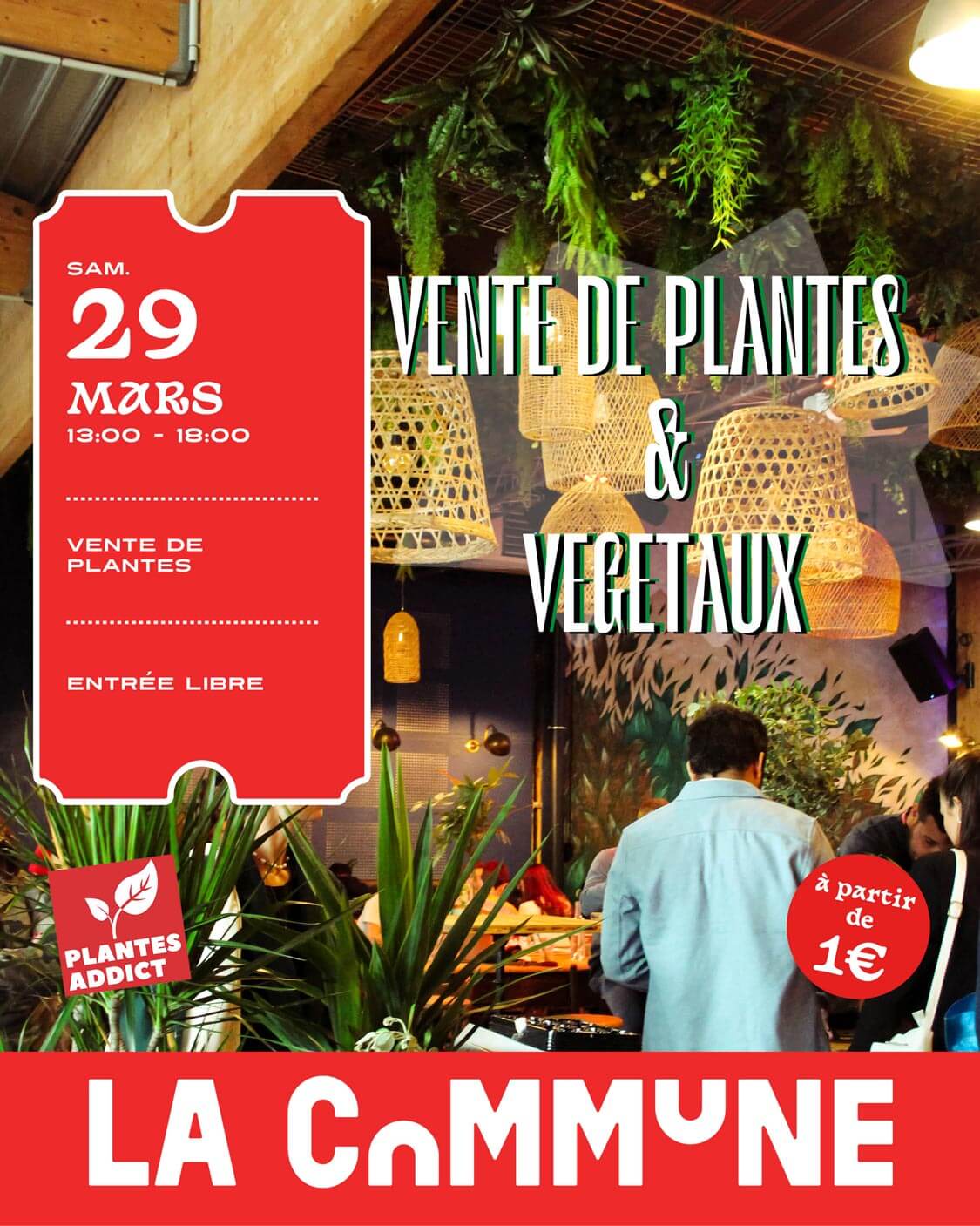 Affiche de la vente de plantes et v&eacute;g&eacute;taux &agrave; La Commune, ambiance verdoyante avec paniers en osier et suspensions v&eacute;g&eacute;tales.