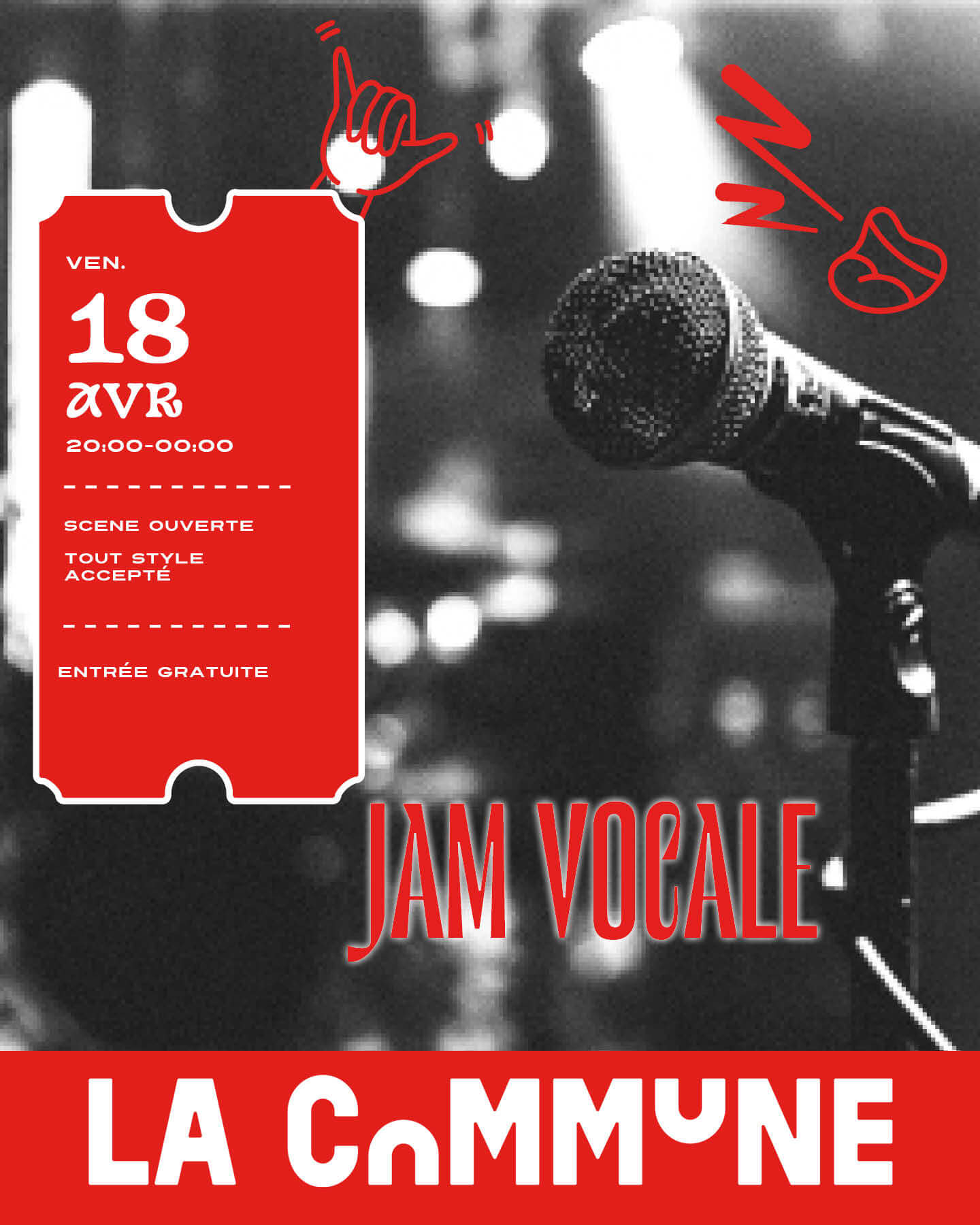 Micro en gros plan pour l’événement Jam vocale du 18 avril à La Commune, scène ouverte tous styles.