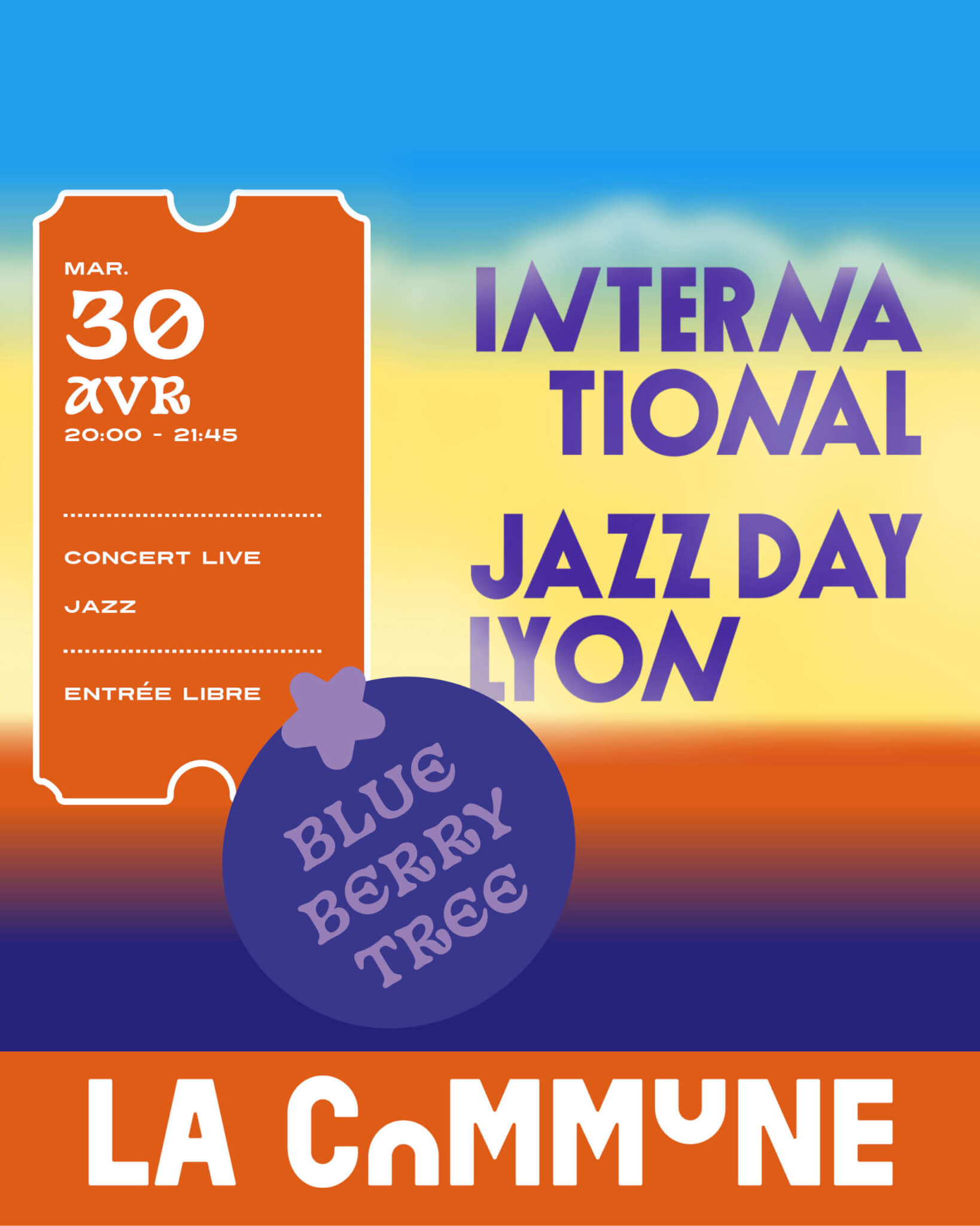 Concert de jazz live &agrave; La Commune &agrave; l'occasion de l&rsquo;International Jazz Day avec le groupe Blueberry Tree.
