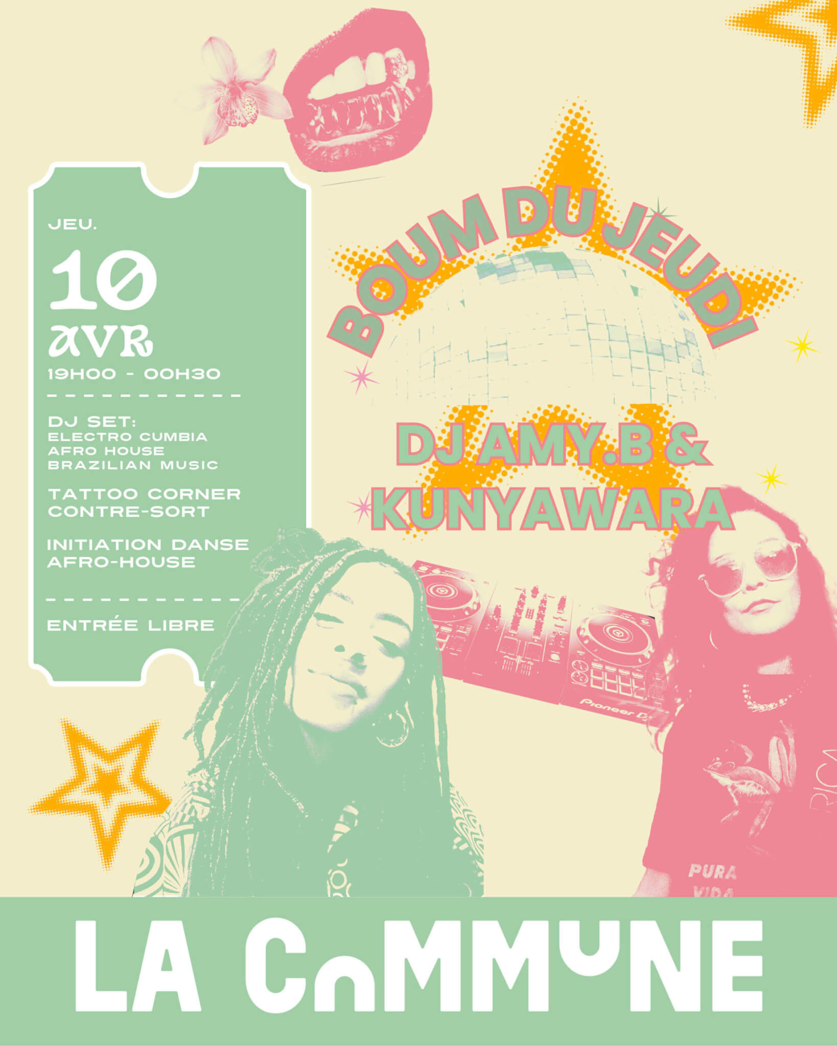 Affiche de la Boum du Jeudi &agrave; La Commune le 10 avril avec DJ Amy.B, Kunyawara, tattoo corner et danse afro-house.