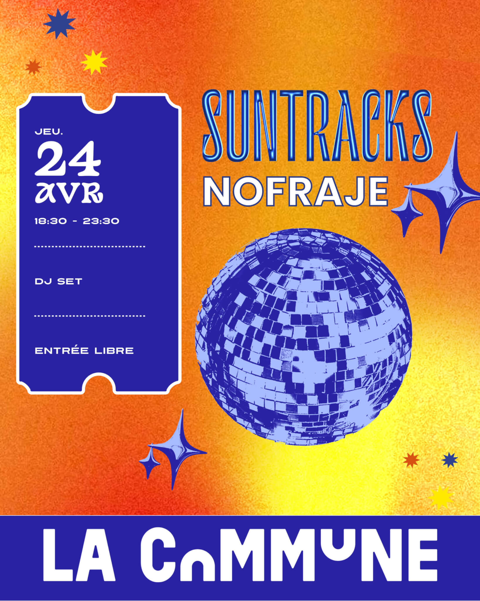 Soir&eacute;e Suntracks &agrave; La Commune avec Nofraje en DJ set, ambiance disco, house et bonne vibes garanties.