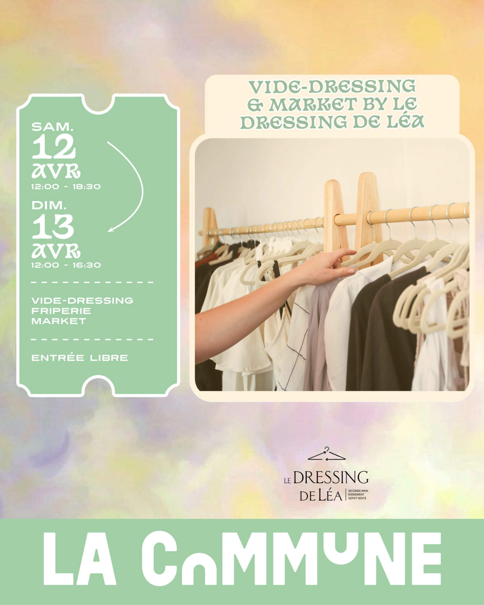 Affiche d&rsquo;un vide-dressing organis&eacute; par Le Dressing de L&eacute;a &agrave; La Commune, Lyon, les 12 et 13 avril.