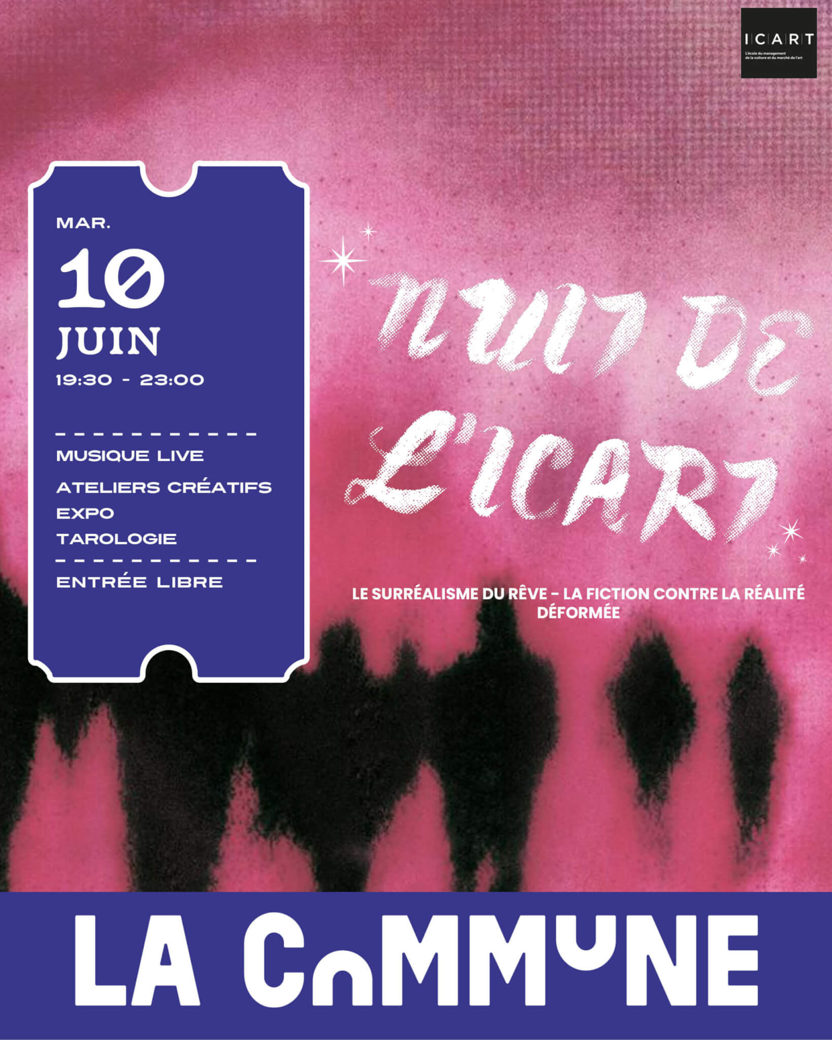 Affiche de La Nuit de l'Icart &agrave; La Commune avec concerts, expo et tarologie sur fond rose surr&eacute;aliste.