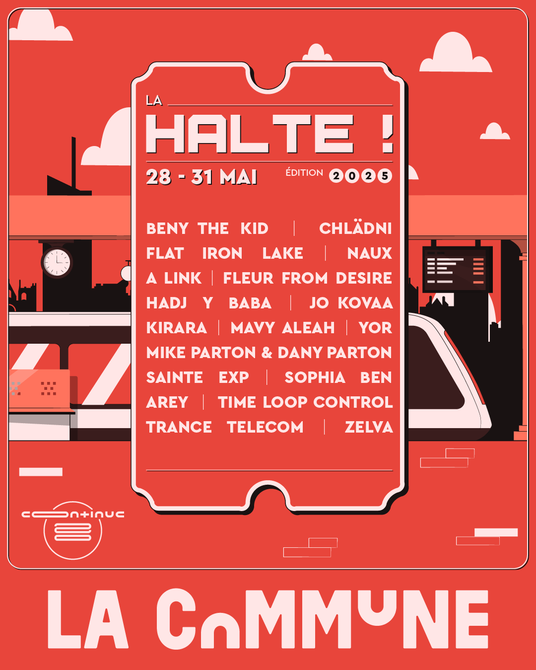 Affiche du festival La Halte 2025 à La Commune, 4 jours de concerts et DJ sets avec artistes émergents.