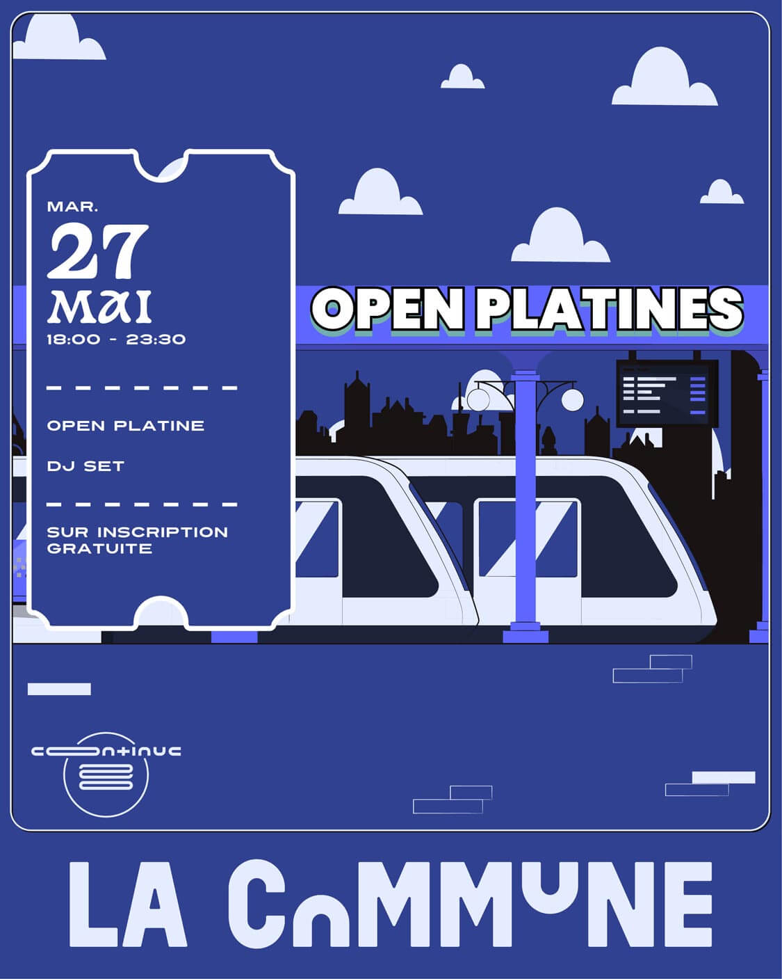 Affiche Open Platines du 27 mai à La Commune : DJ set ouvert à tous sur inscription.