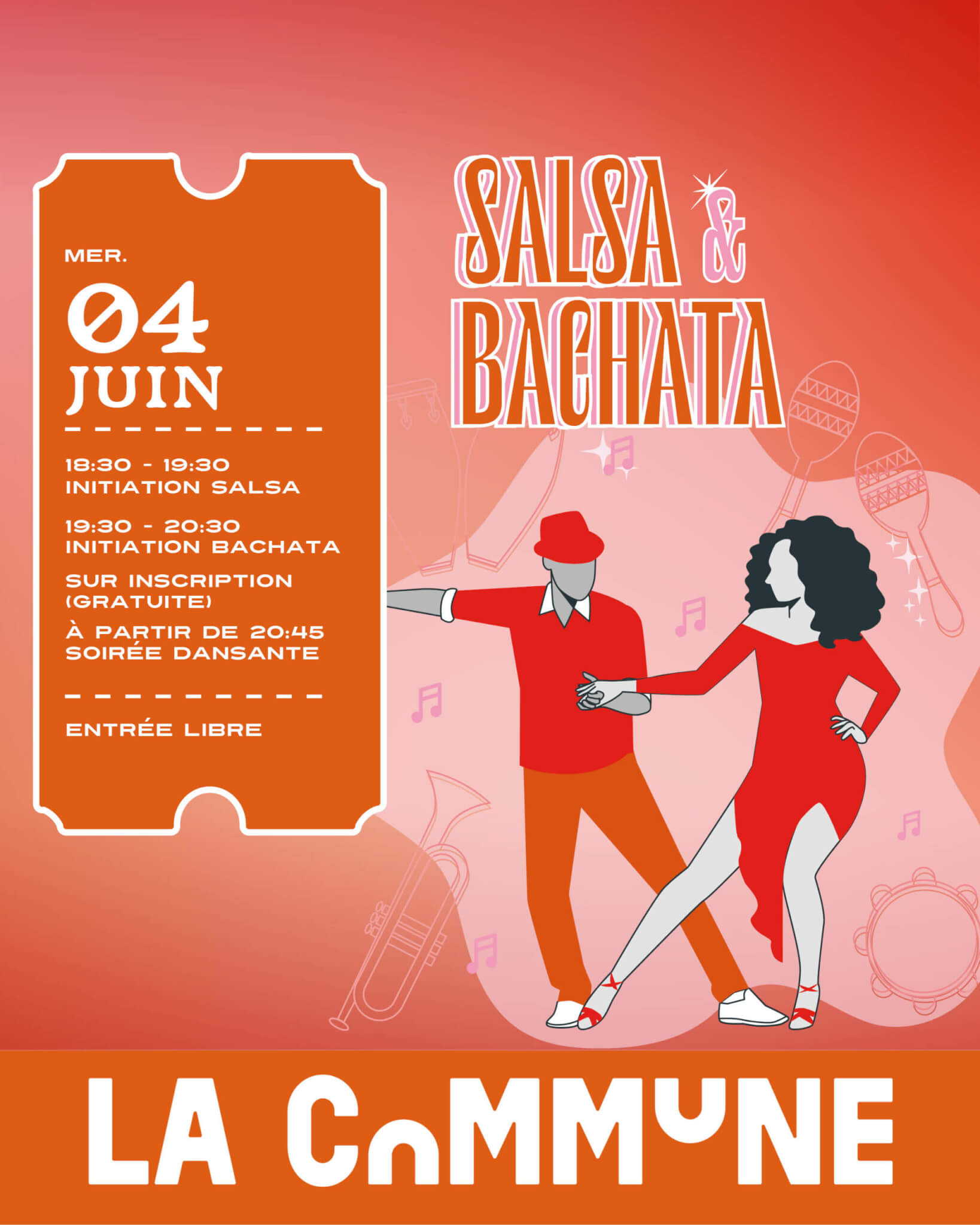 Affiche des initiations gratuites salsa et bachata à La Commune le 4 juin, suivies d’une soirée dansante festive.