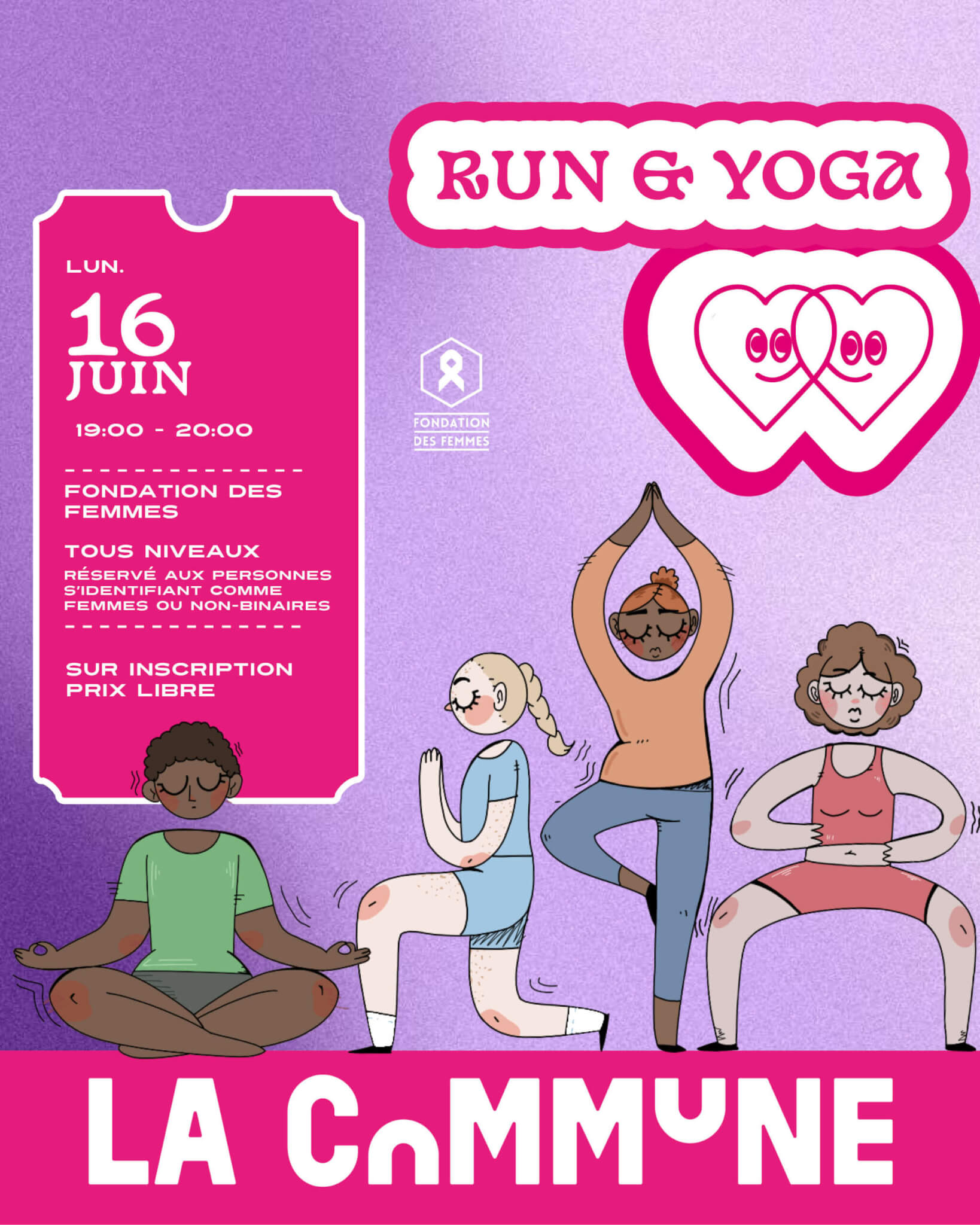 Atelier run & yoga r&eacute;serv&eacute; aux femmes et personnes non-binaires. Visuel inclusif &agrave; La Commune.