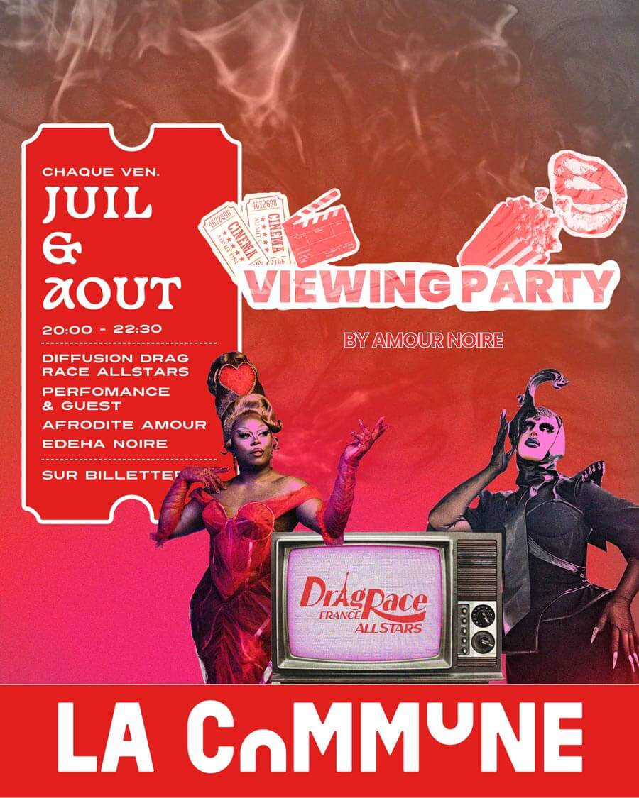 Affiche rouge avec drag queens et une TV vintage pour la diffusion de Drag Race All Stars à La Commune, tous les vendredis.