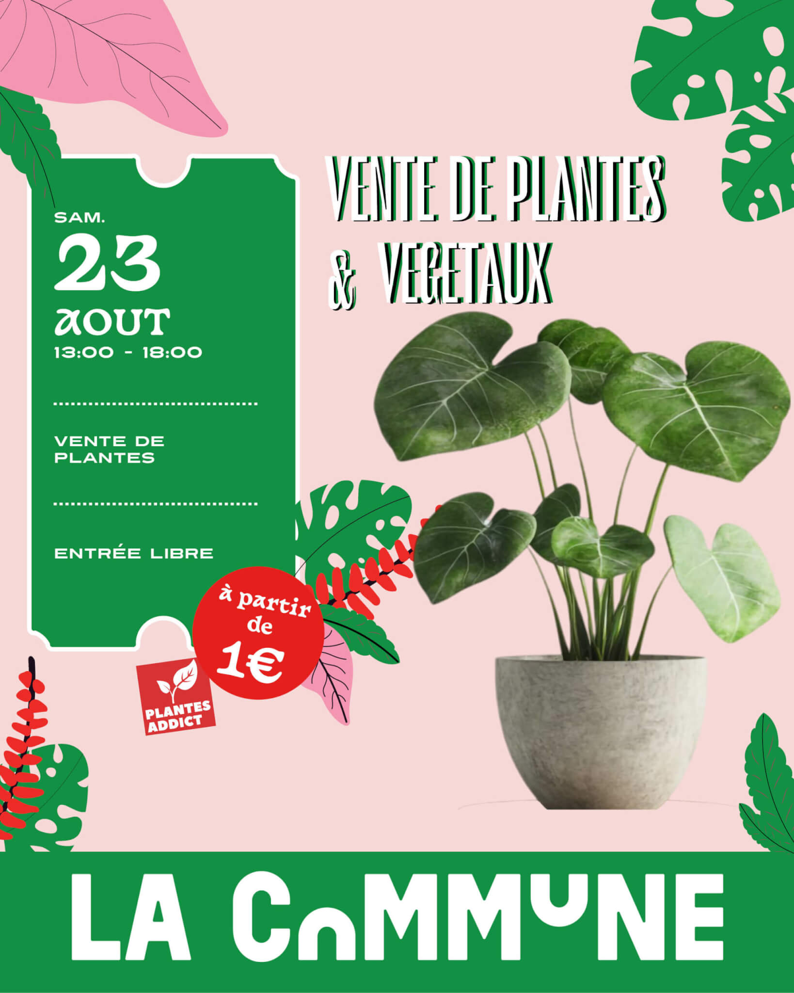Affiche verte avec plante en pot pour vente de végétaux à La Commune le 23 août.
