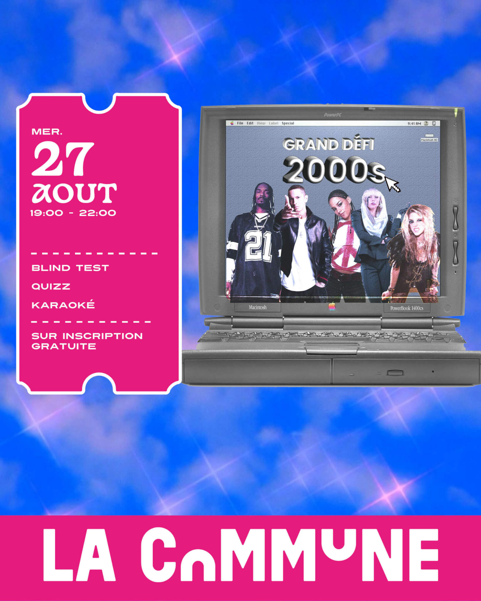 Affiche blind test, quiz & karaoké spécial années 2000 à La Commune le 27 août