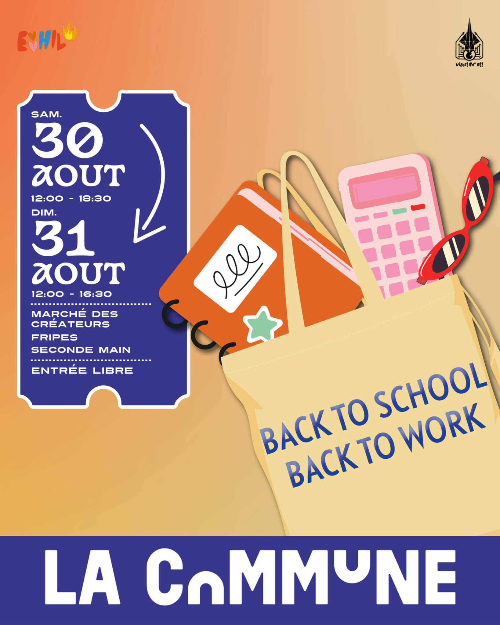 Affiche du marché des créateurs à La Commune avec fripes, seconde main et objets uniques.