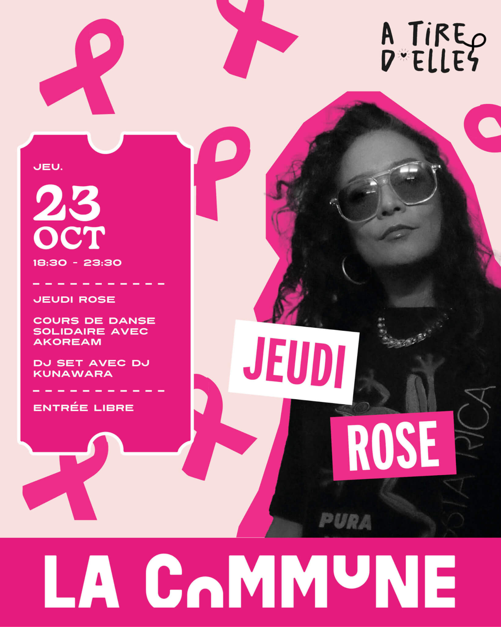 Affiche du Jeudi Rose &agrave; La Commune Lyon avec cours de danse solidaire Akoream et DJ set de Kunawara.