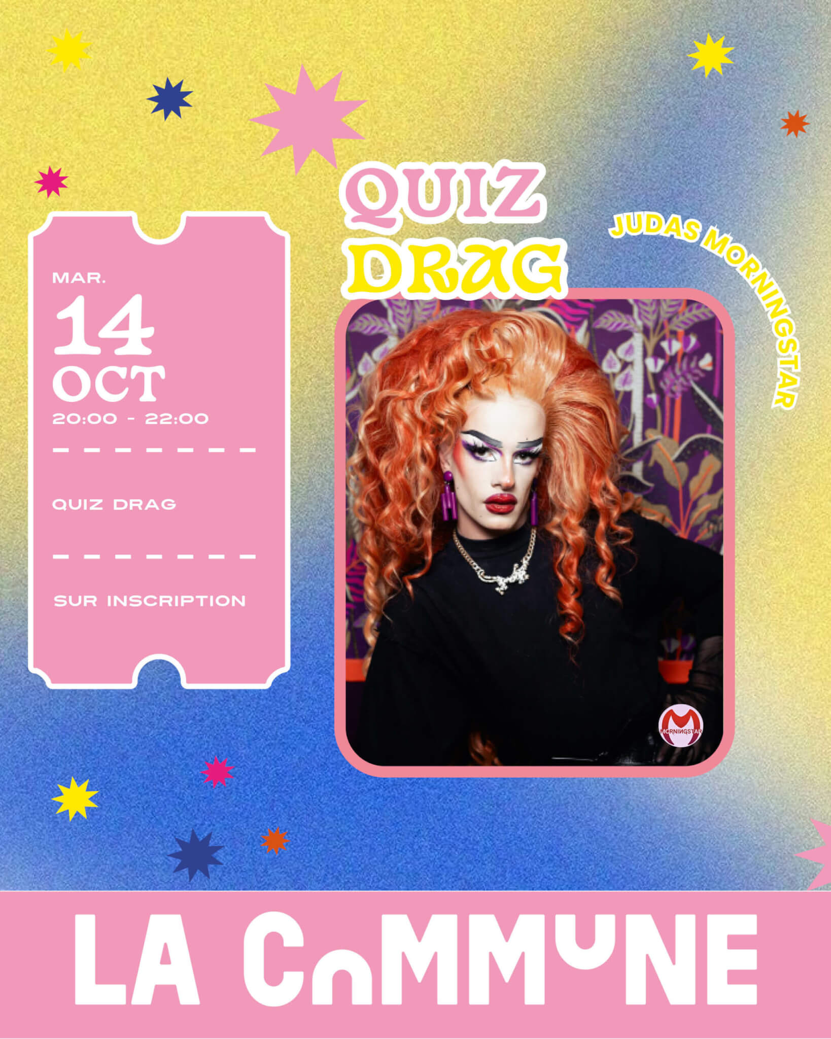 Affiche du Quiz Drag &agrave; La Commune Lyon anim&eacute; par Judas Morningstar, soir&eacute;e fun et inclusive.