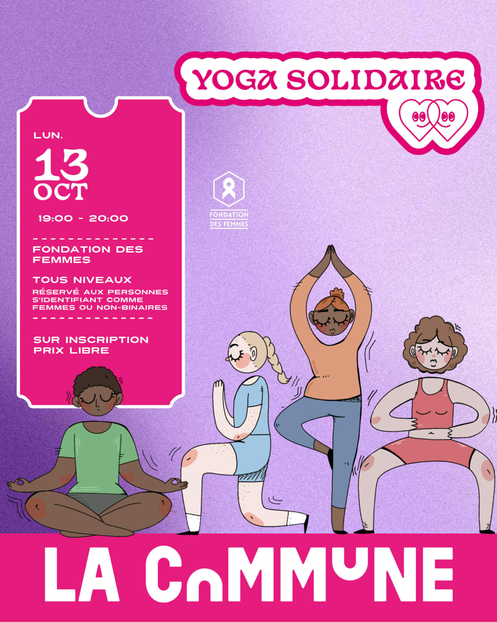 Affiche Yoga Solidaire à La Commune Lyon, séance bien-être au profit de la Fondation des Femmes.