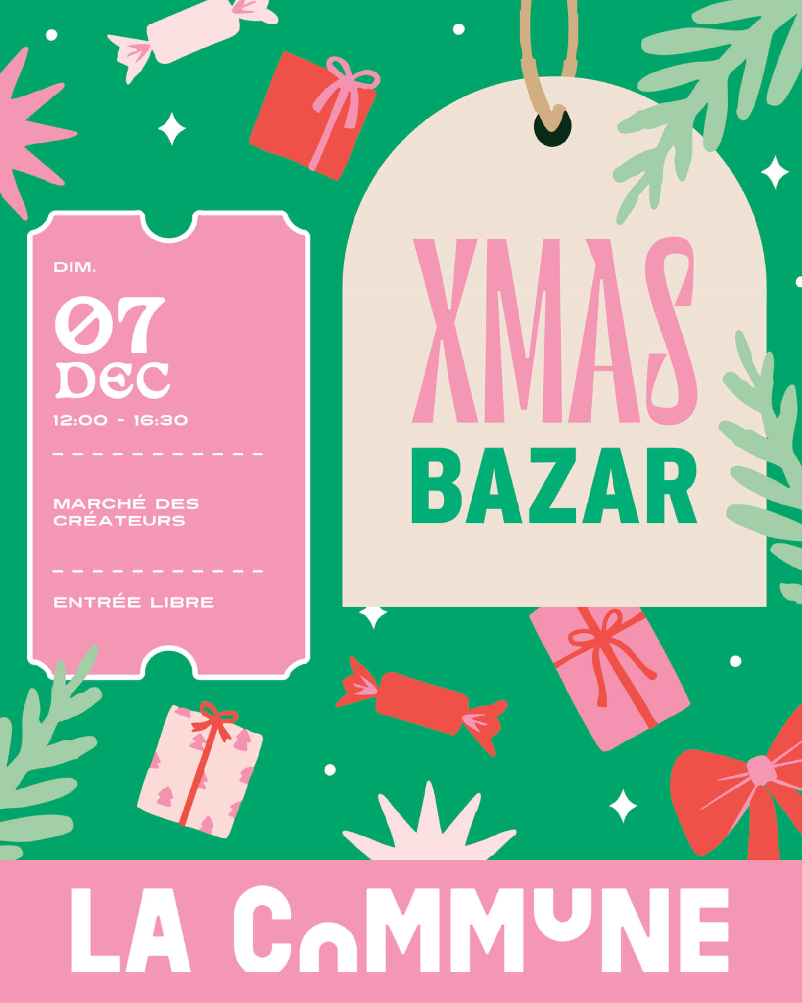 Affiche du XMAS Bazar à La Commune Lyon le 7 décembre, marché des créateurs festif avec cadeaux, douceurs et ambiance de Noël.
