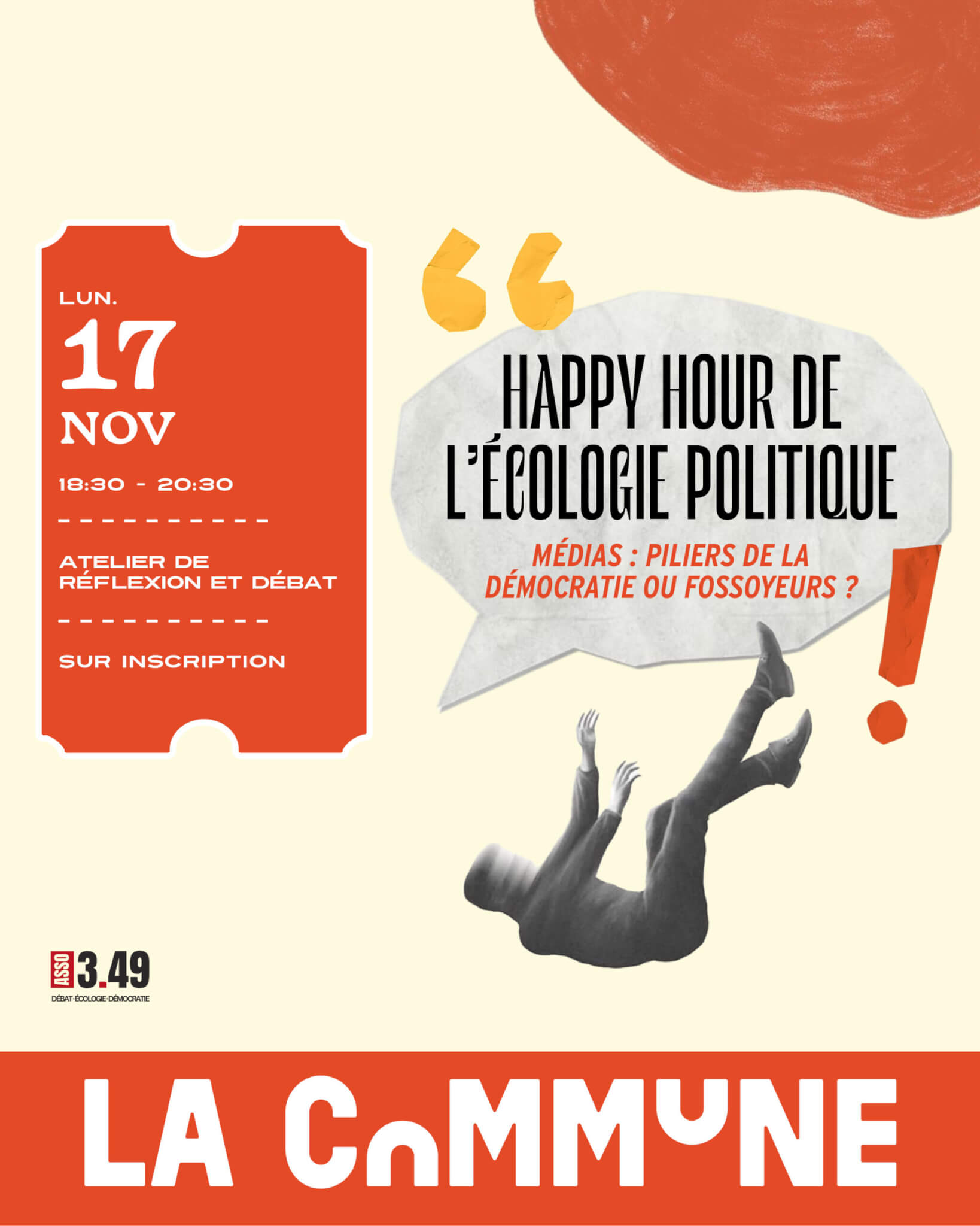 Affiche de l’événement Happy Hour de l’écologie politique à La Commune Lyon, atelier débat sur le rôle des médias dans la démocratie.