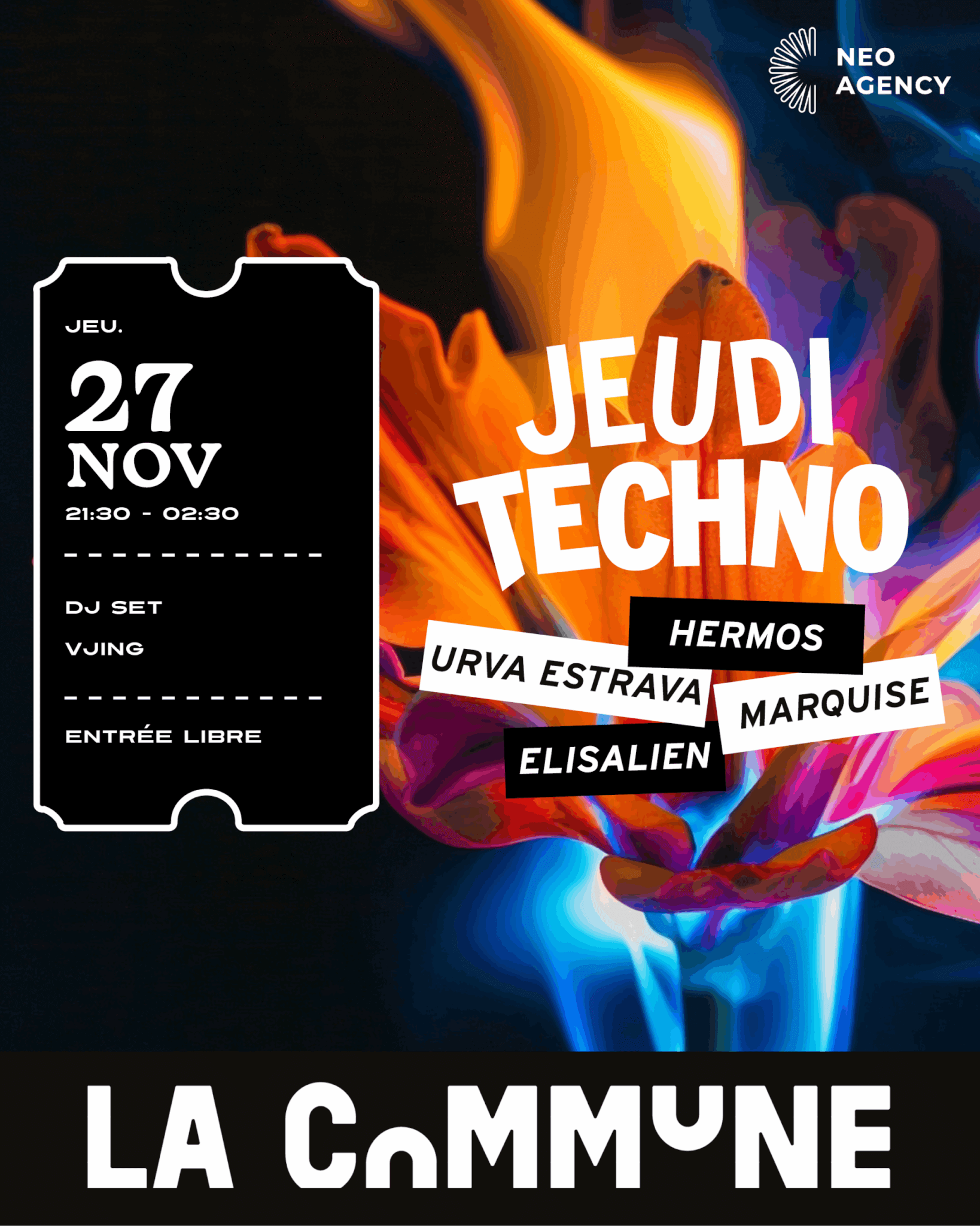 ffiche du Jeudi Techno &agrave; La Commune Lyon le 27 novembre, avec DJ sets de Hermos, Urva Estrava, Marquise et Elisalien, VJing visuel, entr&eacute;e libre.