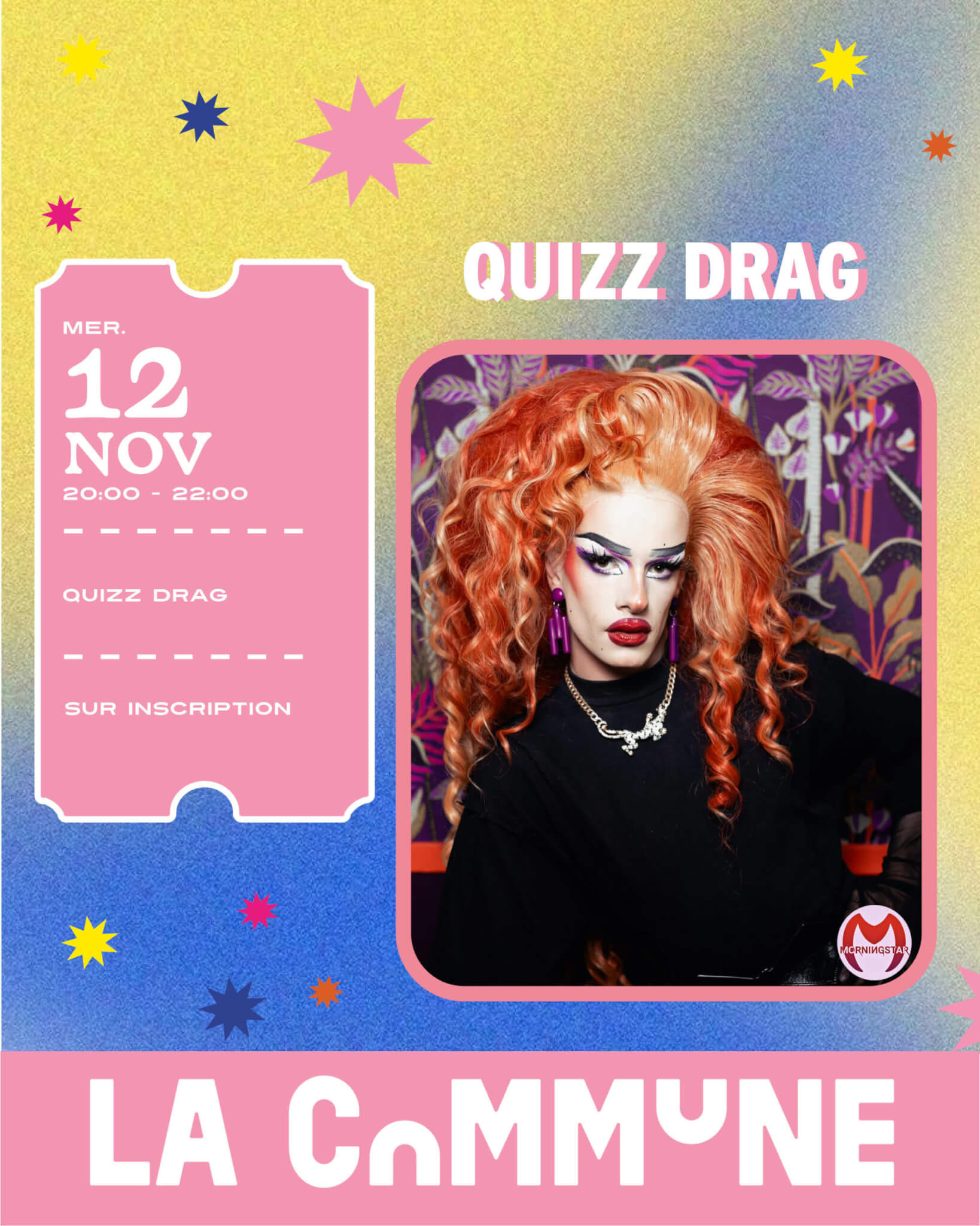 Affiche du Quizz Drag à La Commune Lyon, animé par une drag queen, soirée festive et participative haute en couleur.