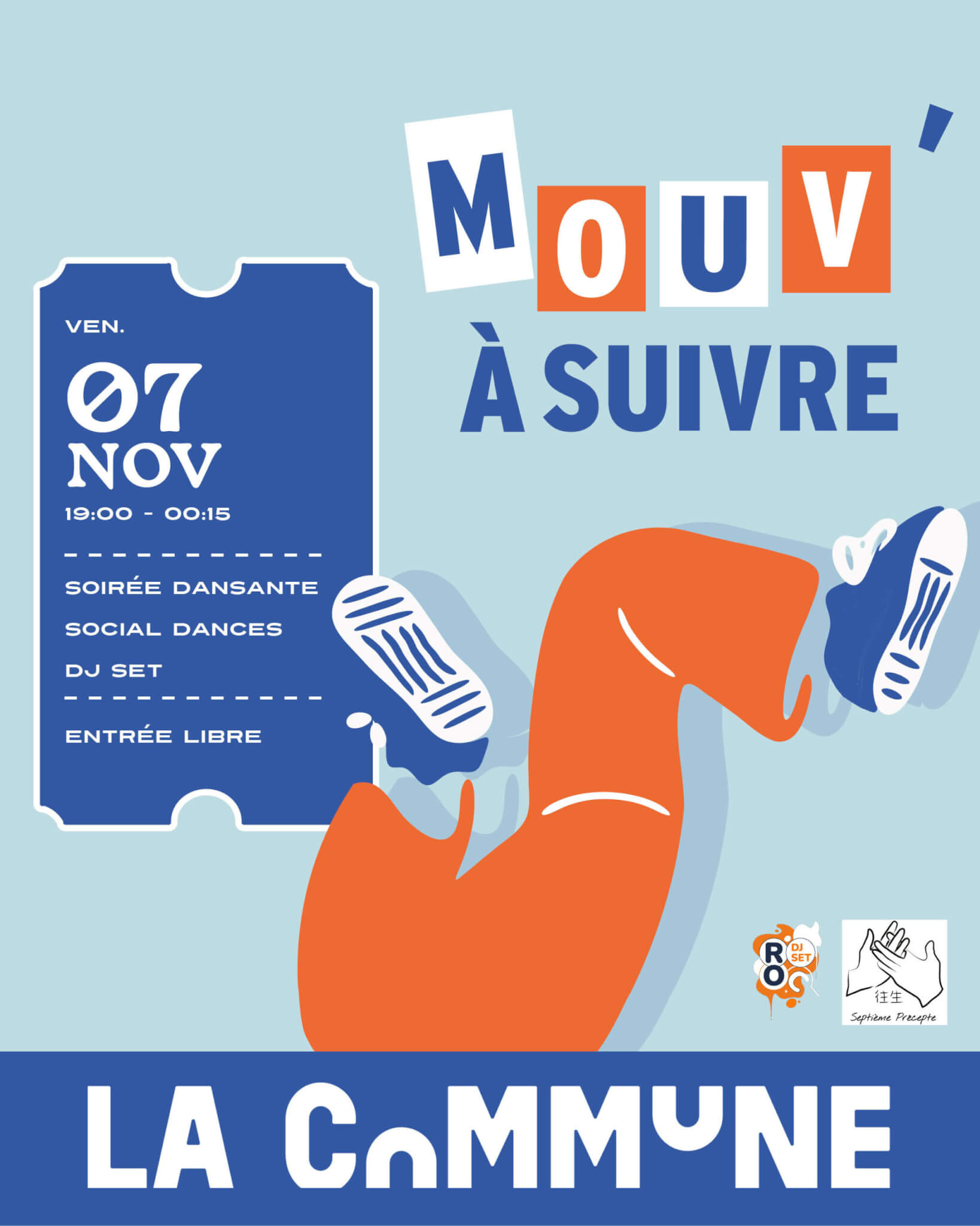 Affiche Mouv&rsquo; &agrave; Suivre &agrave; La Commune Lyon, soir&eacute;e dansante avec social dances et DJ set.