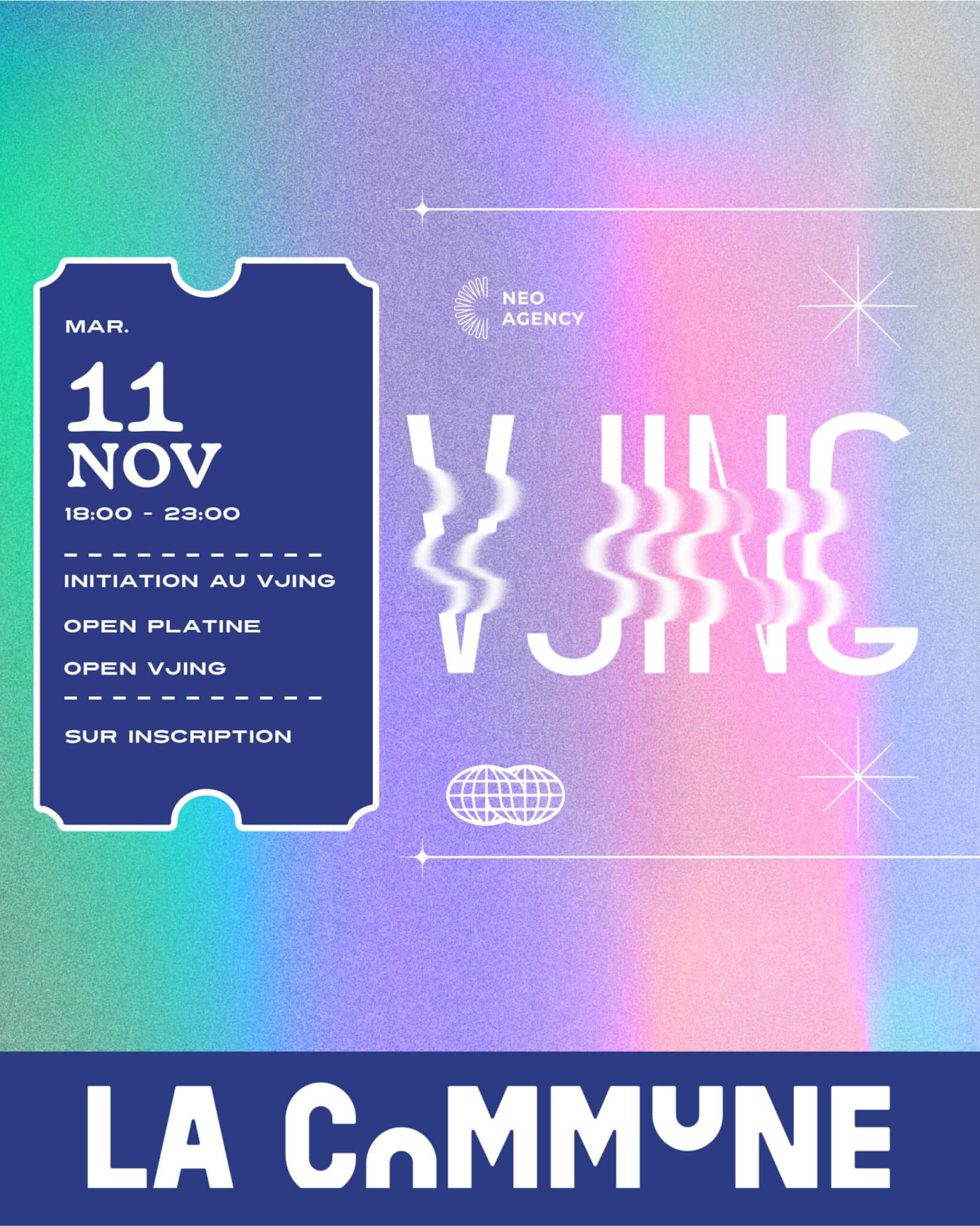 Affiche de l&rsquo;&eacute;v&eacute;nement VJing &agrave; La Commune Lyon : initiation et open platine pour apprendre le mix vid&eacute;o en live, avec Neo Agency.