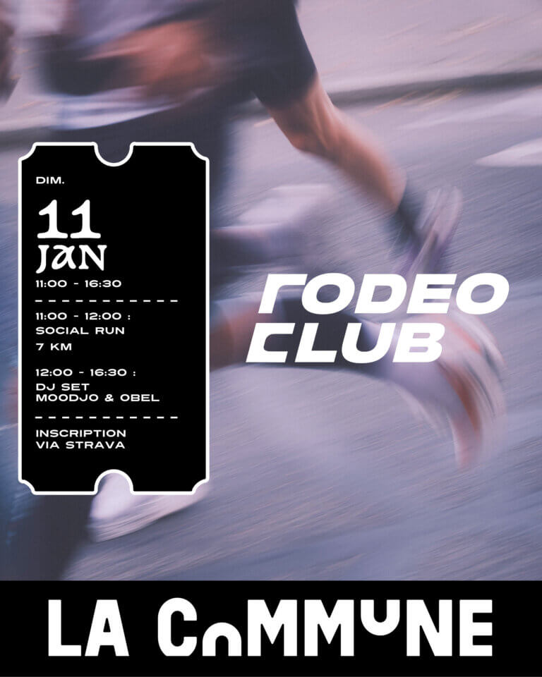 Affiche Fodeo Club à La Commune avec social run de 7 km suivi d’un DJ set Moodjo & Obel, dimanche 11 janvier de 11h à 16h30, inscription via Strava.
