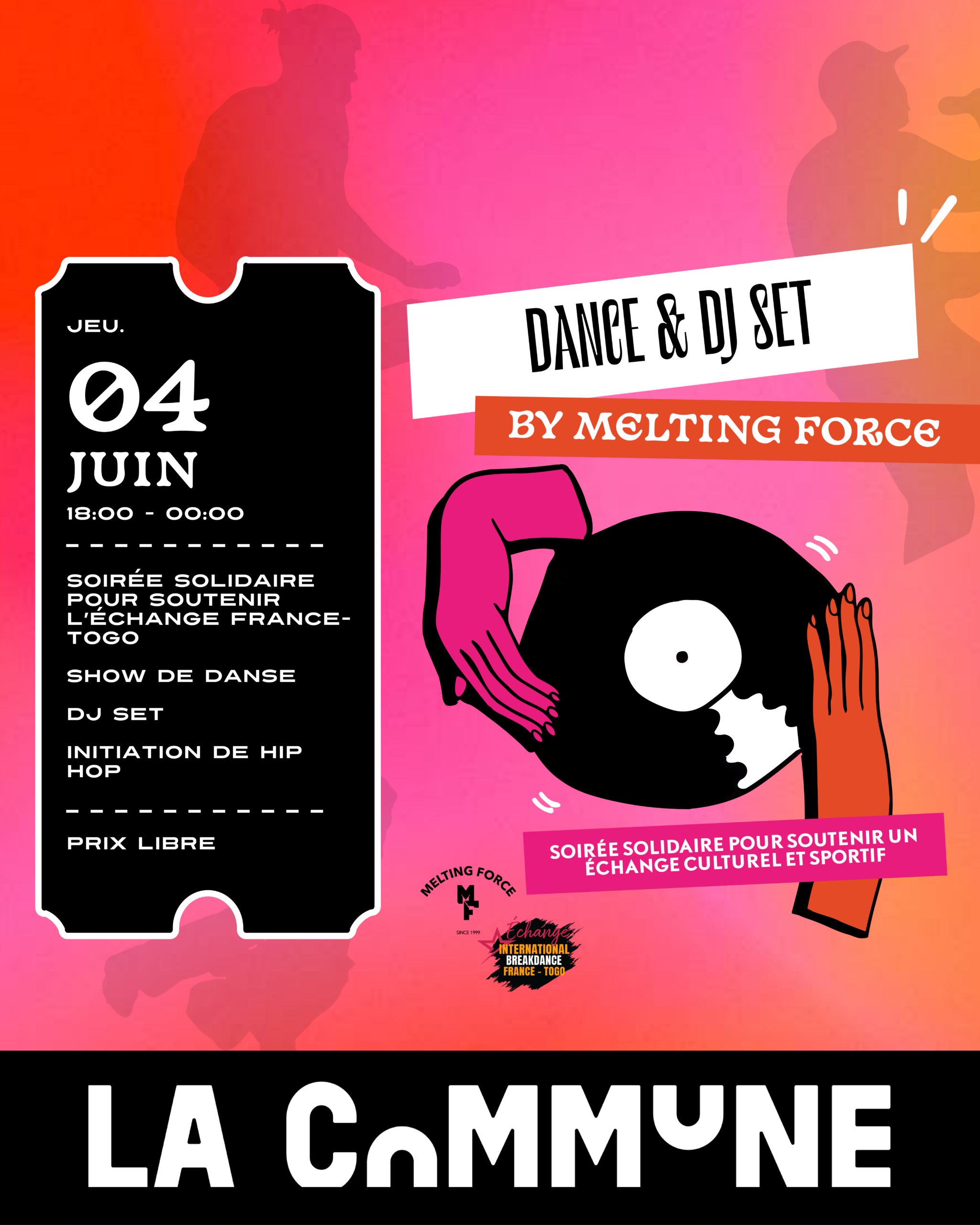 Soir&eacute;e solidaire avec DJ set, performance de danse et initiation hip-hop. &Eacute;v&eacute;nement culturel autour du projet Objectif Togo 2026.