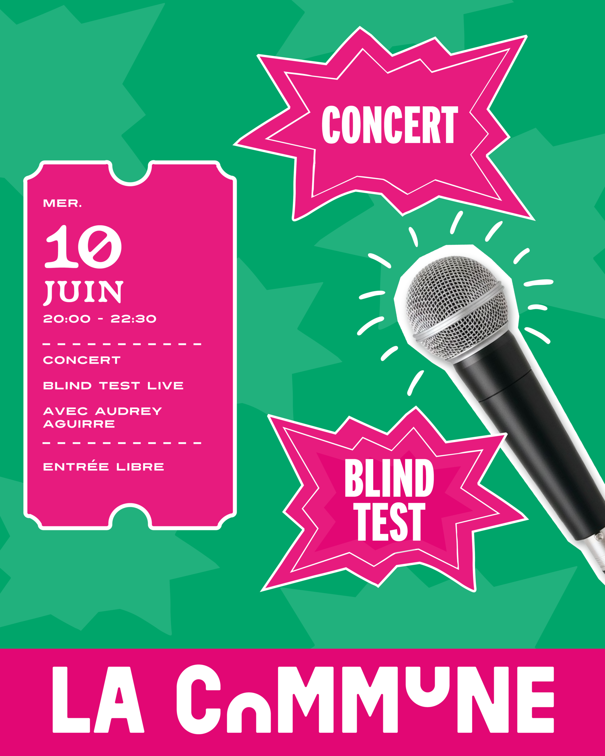 Soir&eacute;e concert live et blind test avec Audrey Aguirre. Musique, jeux en &eacute;quipe et ambiance conviviale autour des ann&eacute;es 80 &agrave; aujourd&rsquo;hui. Entr&eacute;e libre.