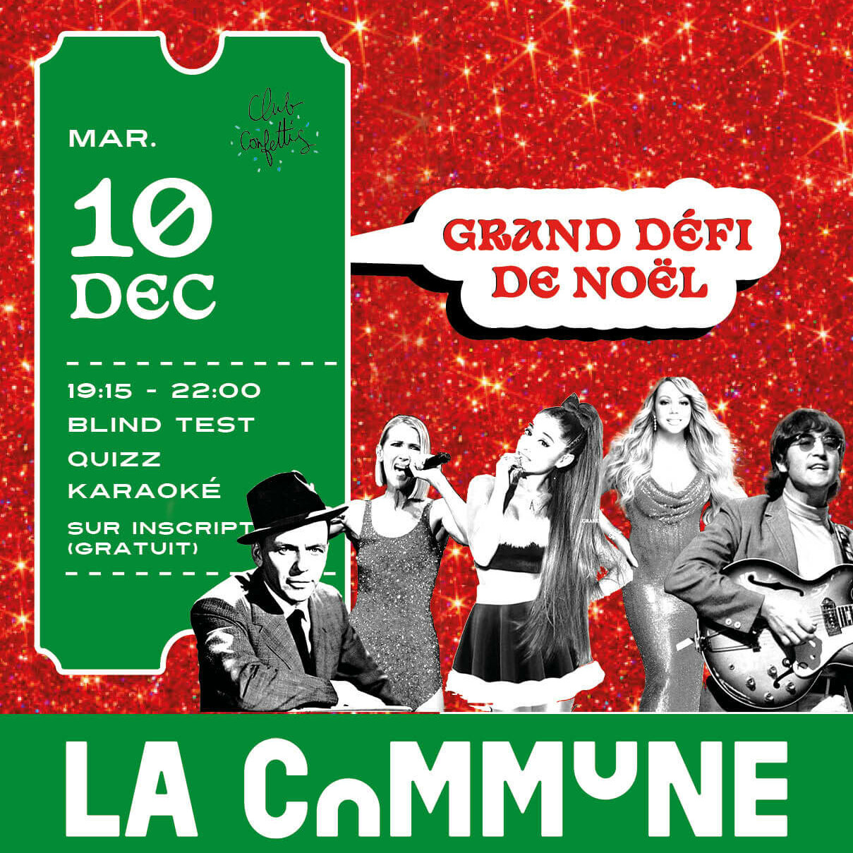 Affiche du Grand Défi de Noël à La Commune le 10 décembre, avec blind test, quiz et karaoké, organisé par Club Confetti dans une ambiance festive et gratuite sur inscription.