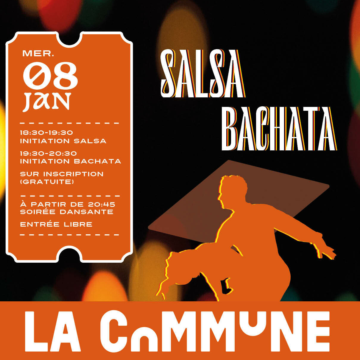 Soirée salsa et bachata à La Commune, mercredi 8 janvier, avec initiations gratuites et soirée dansante. Événement festif.