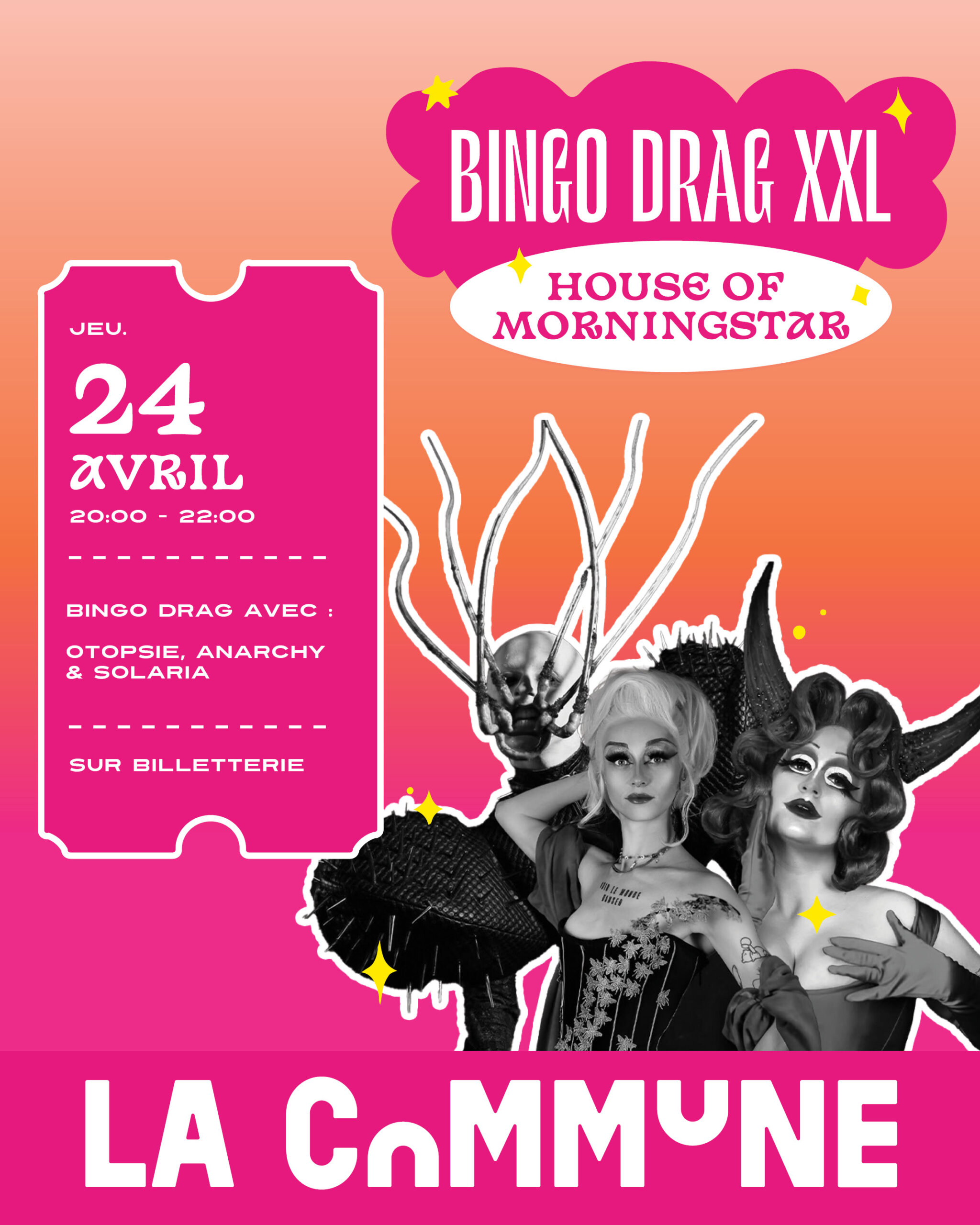 Bingo Drag XXL le 24 avril avec la House of Morningstar à Lyon. Bingo décalé, dragshows et ambiance festive. Réservez vos places maintenant.