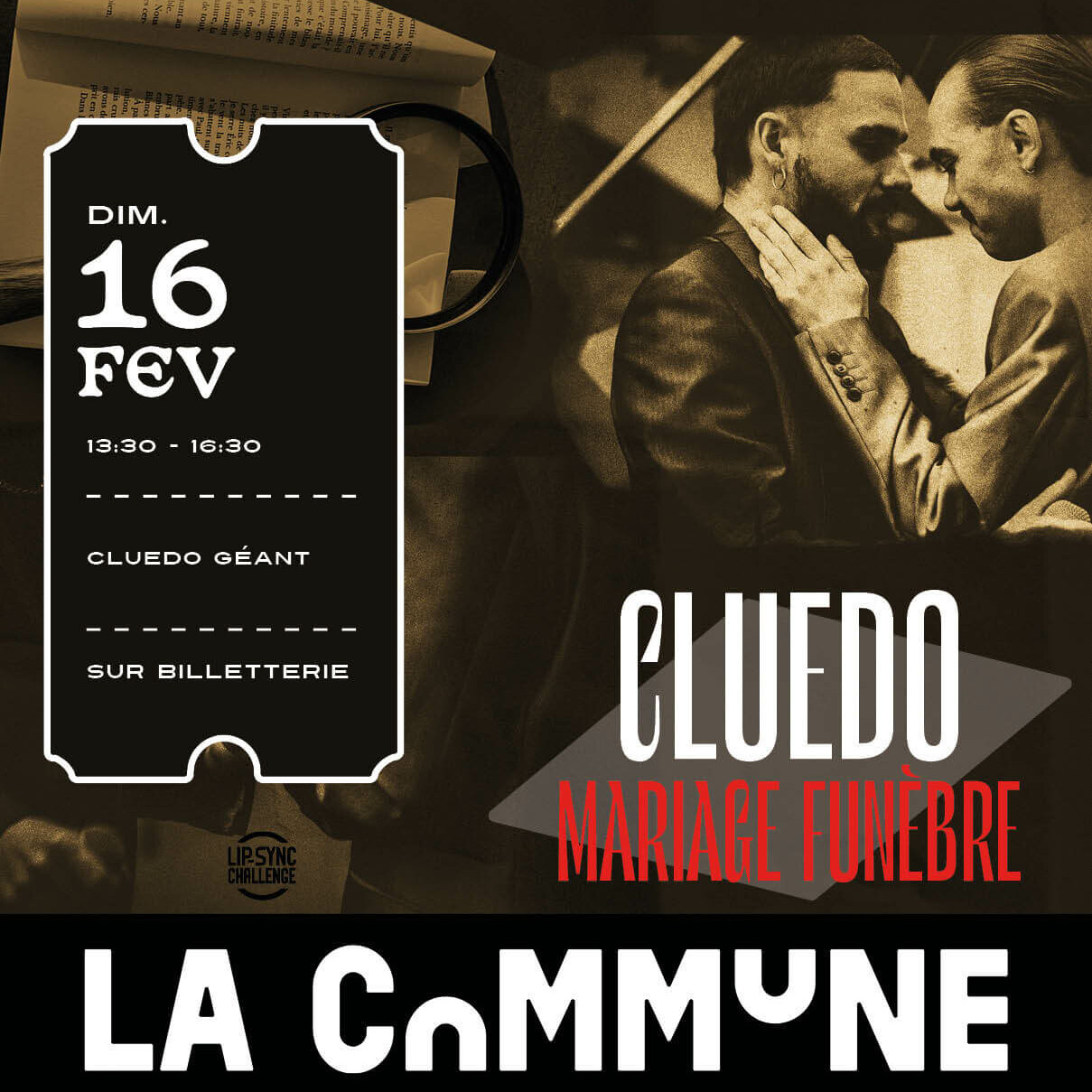 Affiche du Cluedo géant à La Commune, avec une ambiance mystérieuse en noir et blanc et un couple en pleine enquête.