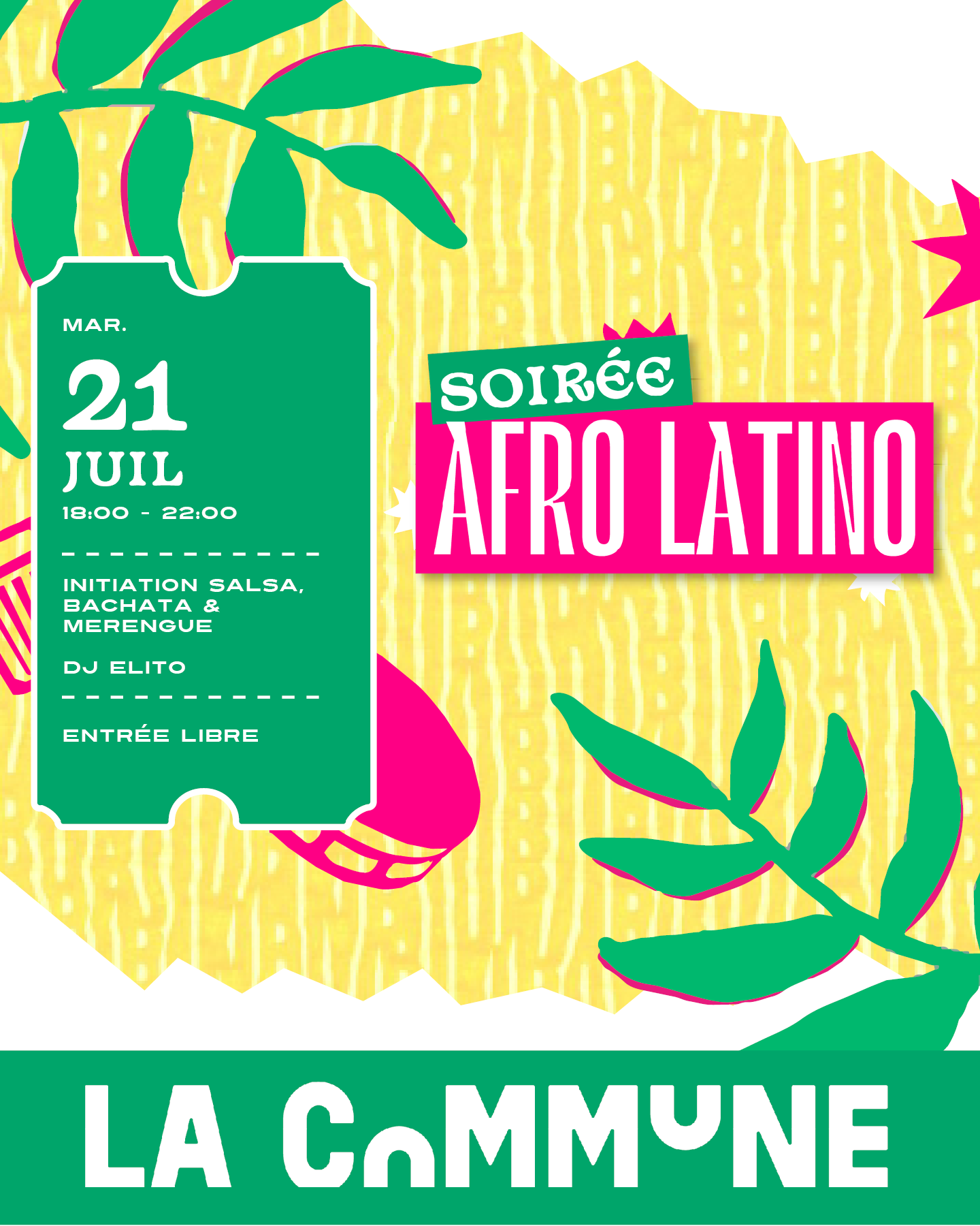 Soirée afro-latine à Lyon le mardi 21 juillet à La Commune : initiation salsa, bachata, kizomba, merengue et soirée dansante avec DJ Elito.