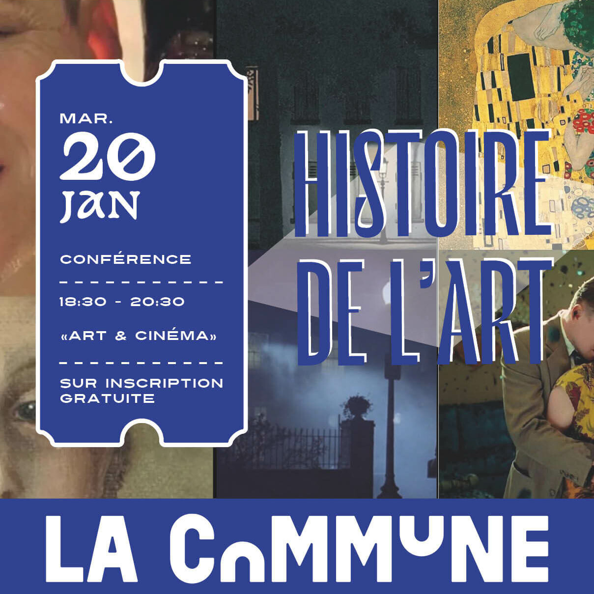 Visuel pour une conférence sur l’Histoire de l’Art le 20 janvier à La Commune. Sujet : Art et cinéma. Entrée libre avec inscription.