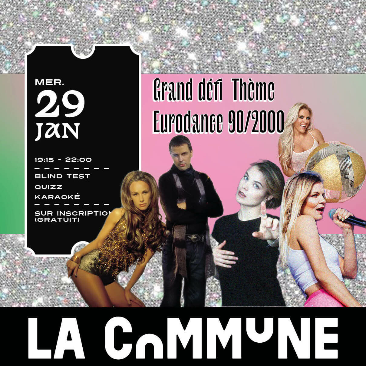 Affiche du Grand Défi Eurodance 90/2000 à La Commune, avec blind-test, karaoké et quiz, entrée libre sur inscription.