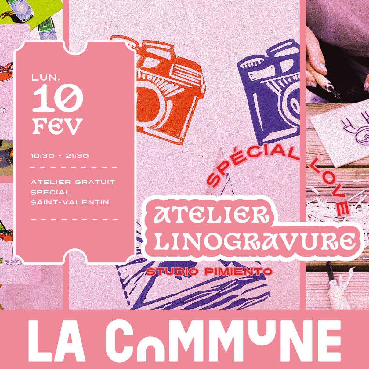 Affiche de l’atelier Linogravure spécial Saint-Valentin à La Commune, avec des impressions colorées sur papier.