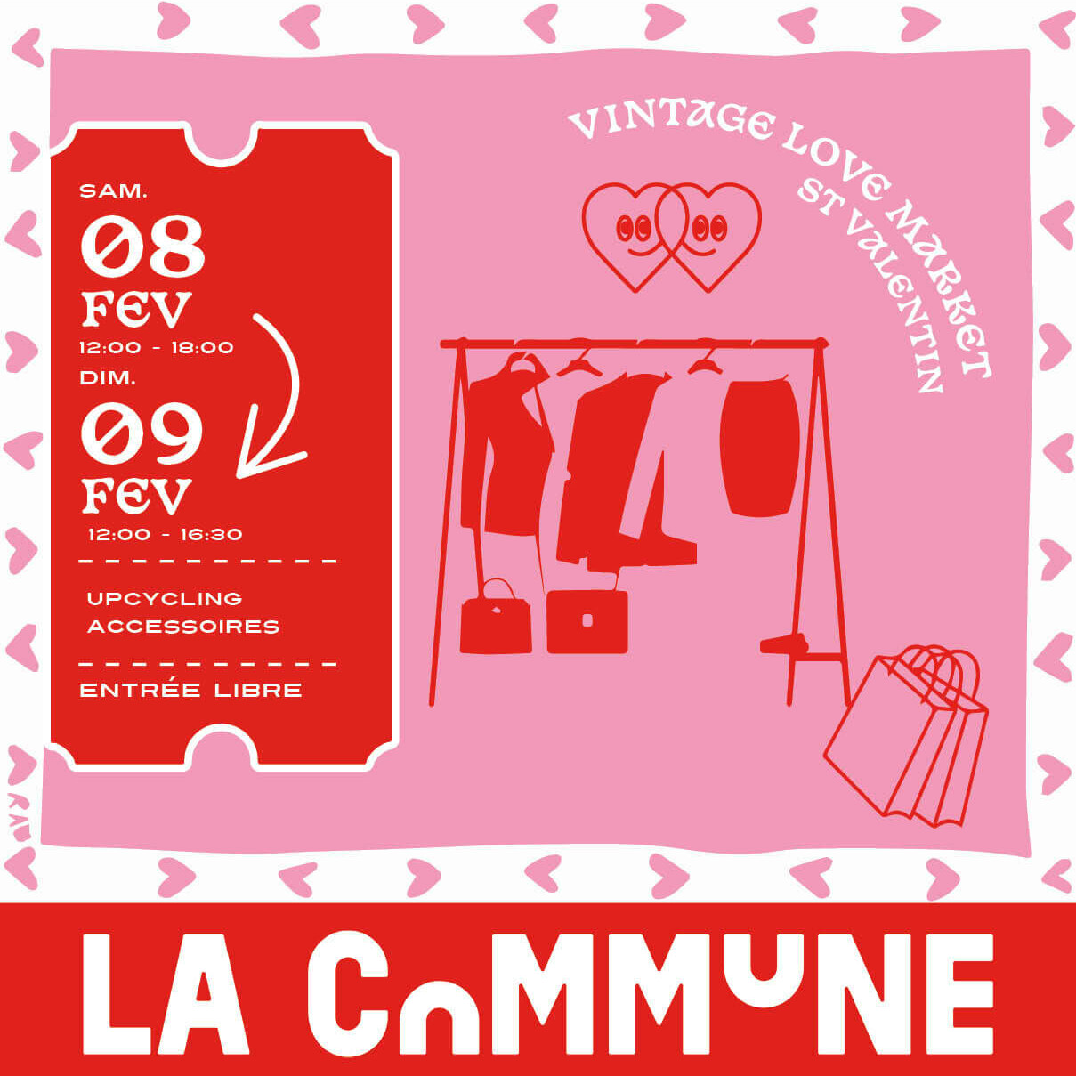 Affiche pour le Vintage Love Market à La Commune, les 8 et 9 février 2025. Upcycling, accessoires et ambiance romantique.