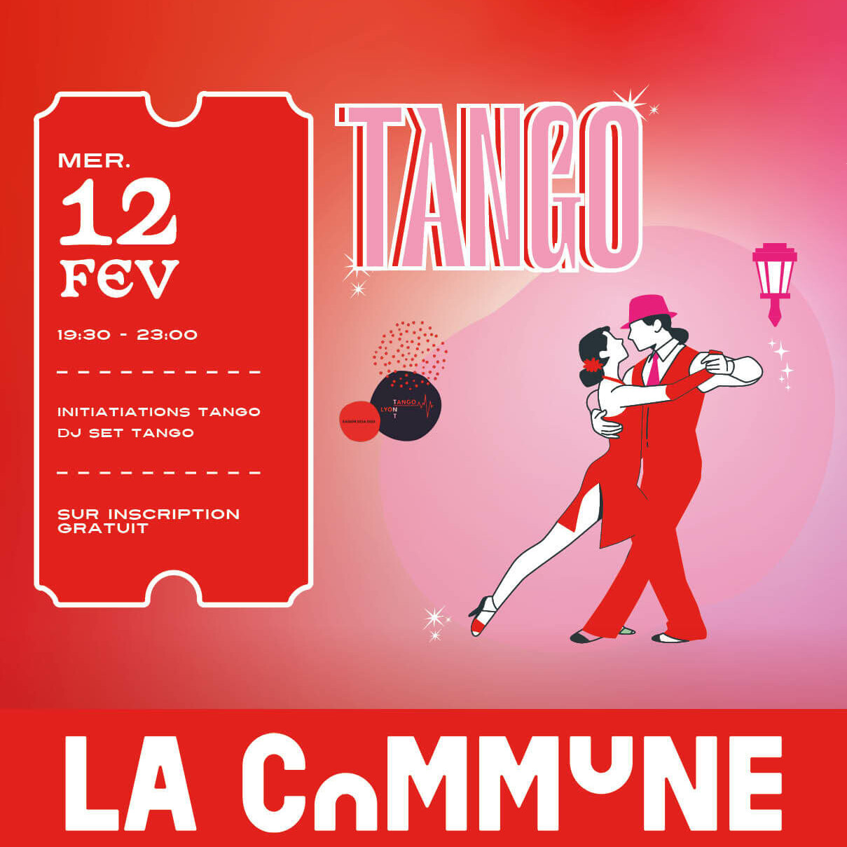 Affiche de la soirée tango à La Commune, avec une illustration d’un couple dansant sur un fond rouge romantique.