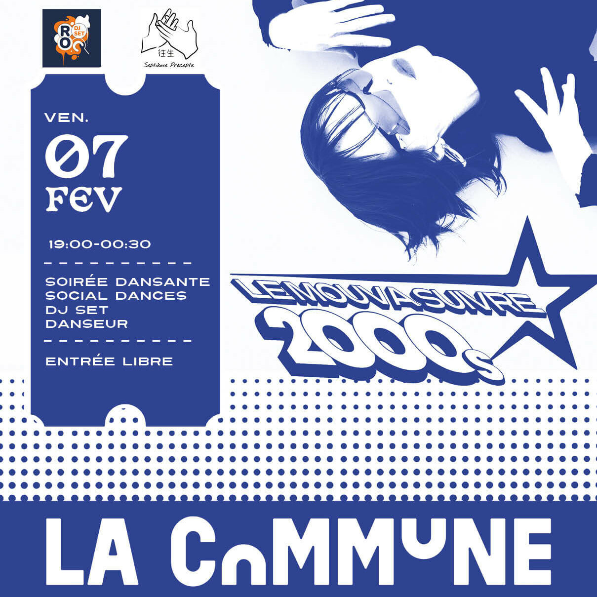 Affiche pour la soirée Le Mouva Suivre années 2000 à La Commune, le 7 février 2025, avec DJ set et social dances.