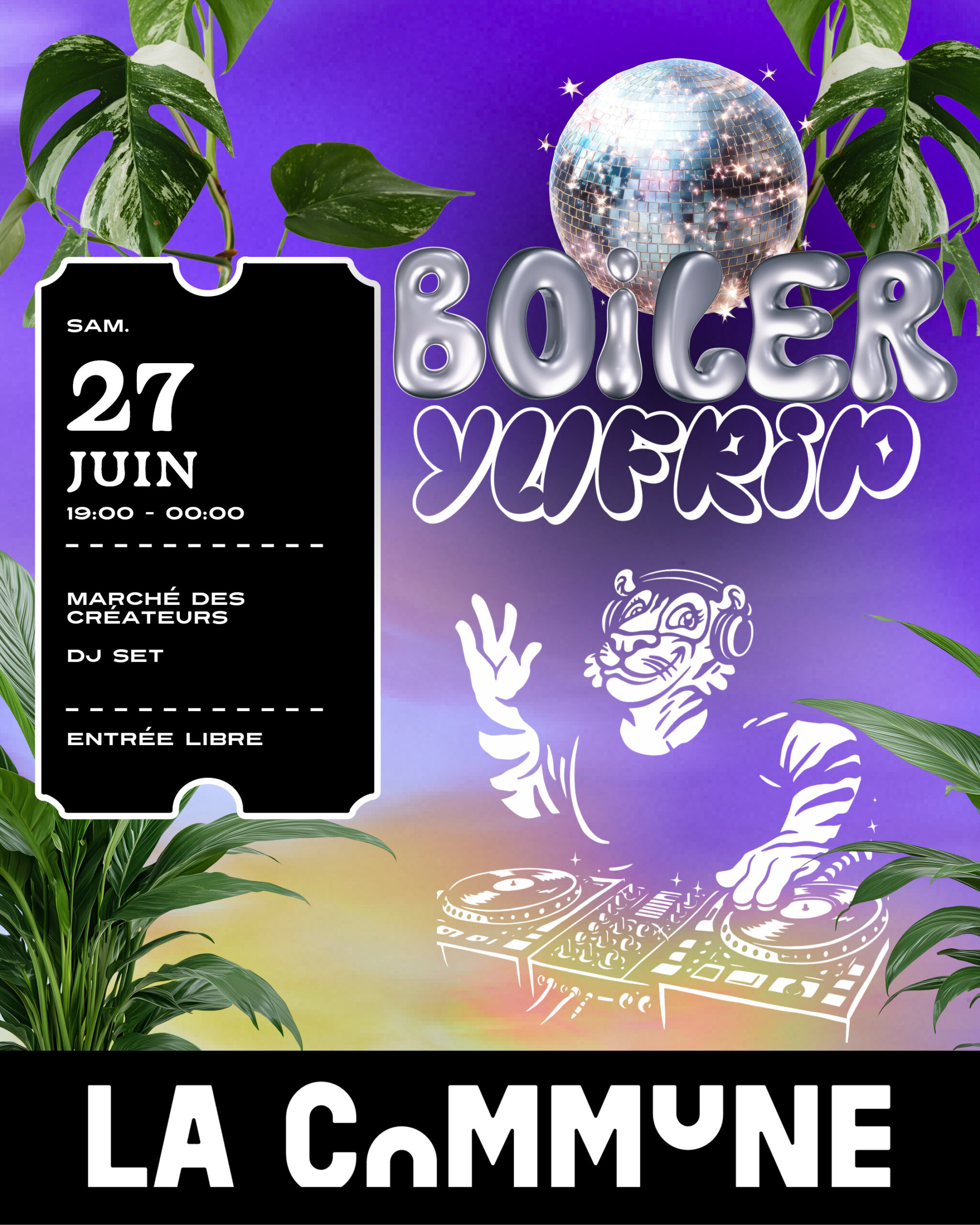 BOILER YUFRIP à La Commune Lyon : marché créatif, foodcourt et DJ sets en continu pour une after party de la Pride. Événement gratuit jour et nuit.
