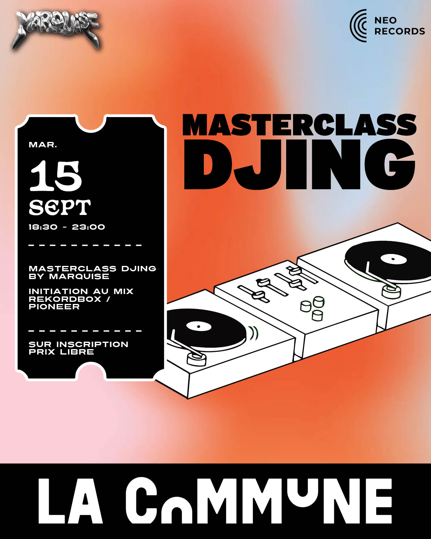 Découvrez le DJing avec Neo Records et Marquise à Lyon : matériel Pioneer, Rekordbox, techniques de mix, playlists et enregistrement de sets.