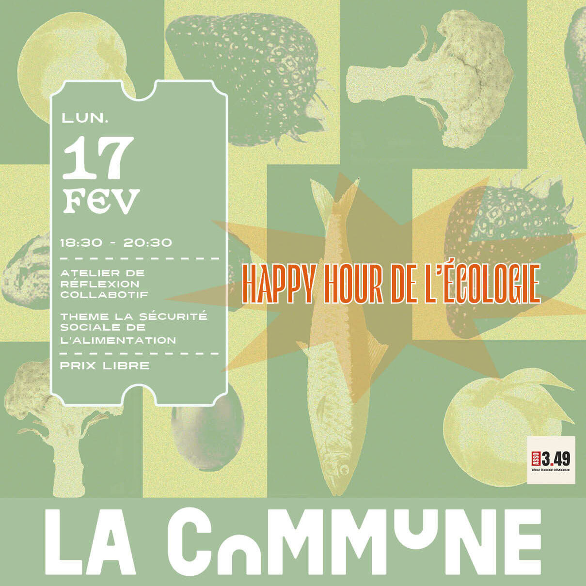 Affiche de l’atelier collaboratif sur la sécurité sociale de l’alimentation à La Commune, avec un design vintage de fruits et légumes.