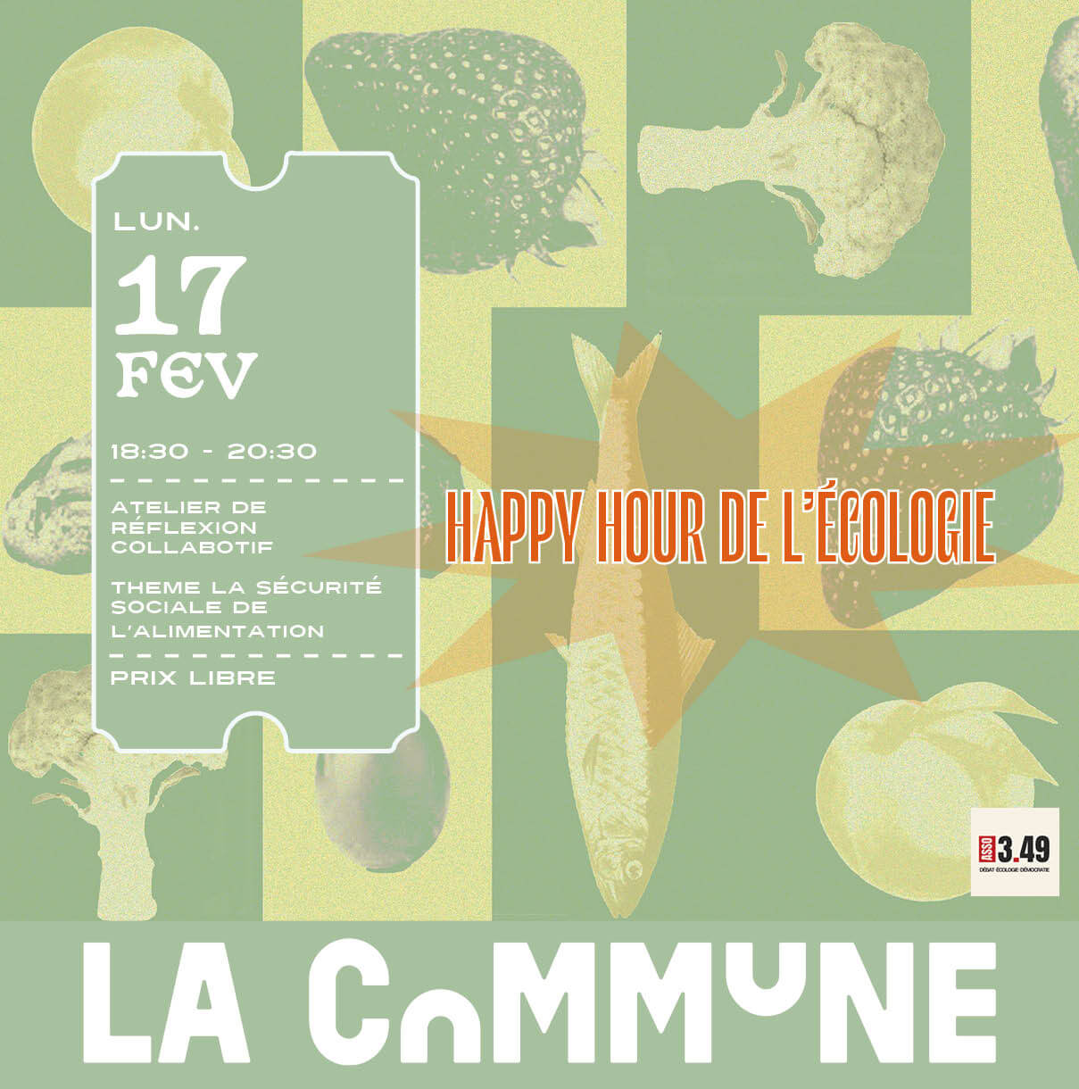 Affiche de l’atelier collaboratif sur la sécurité sociale de l’alimentation à La Commune, avec un design vintage de fruits et légumes.