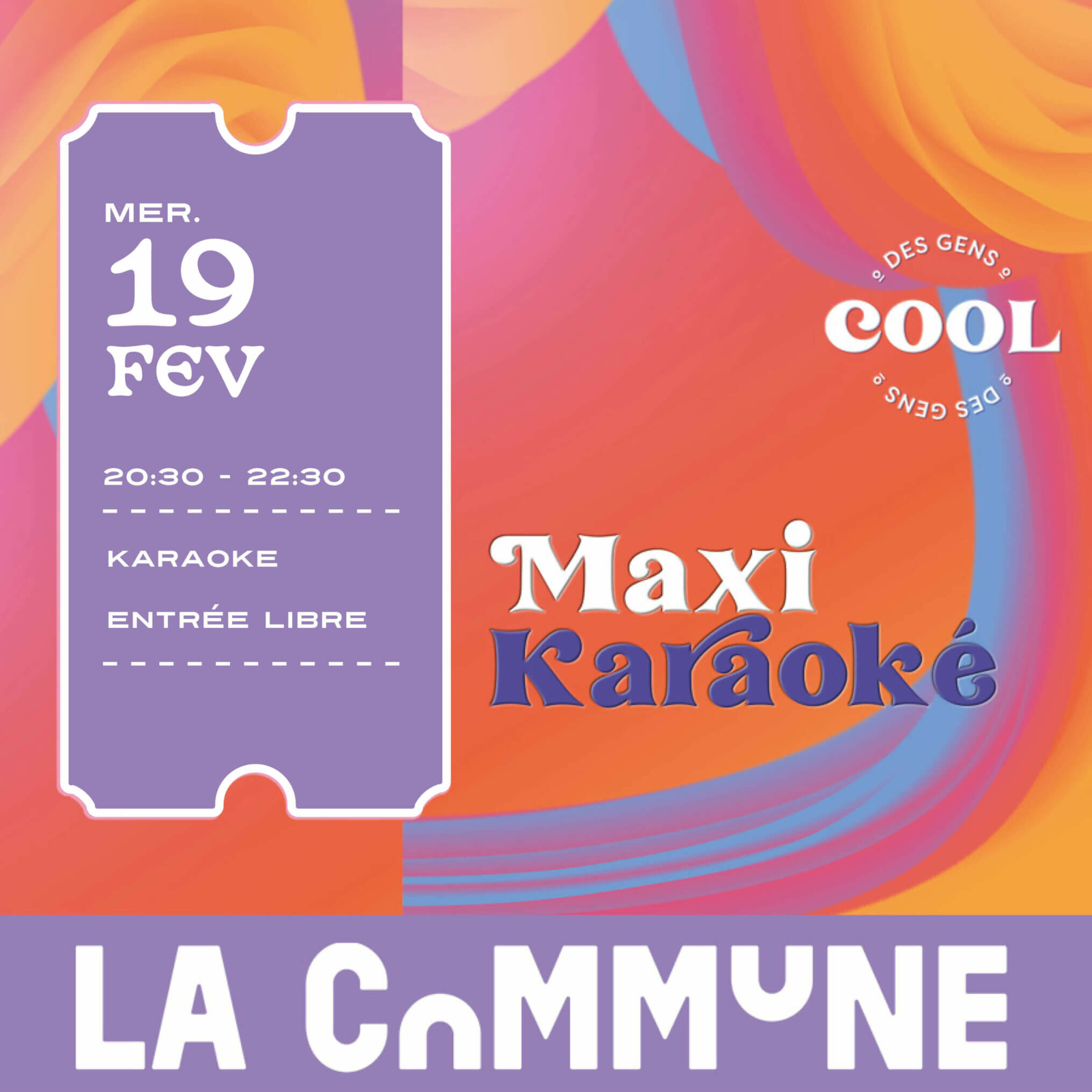 : Affiche du Maxi Karaoké à La Commune, avec un fond coloré aux nuances roses et violettes et le logo 