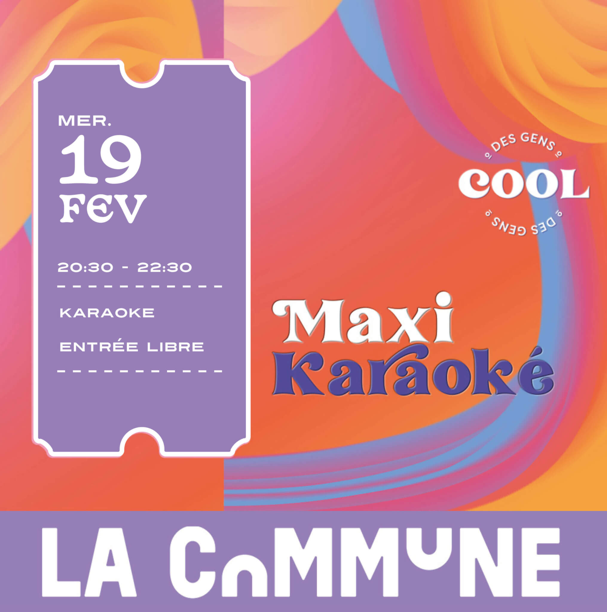 : Affiche du Maxi Karaoké à La Commune, avec un fond coloré aux nuances roses et violettes et le logo 