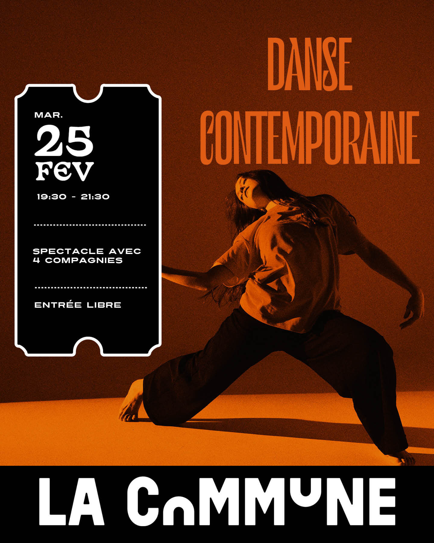 Affiche du spectacle de danse contemporaine du 25 février à La Commune. Performance de quatre compagnies, sur réservation.