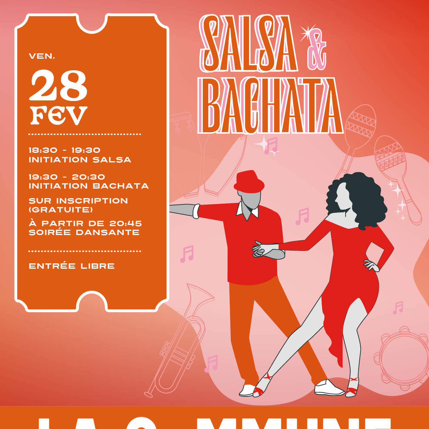 Affiche de la soirée Salsa & Bachata du 28 février à La Commune. Initiations et danse libre dans une ambiance latine.