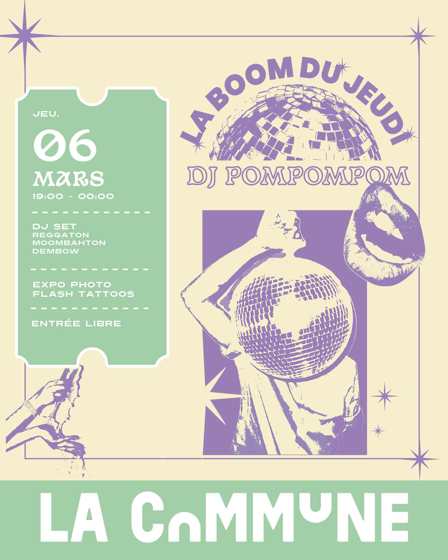 Affiche de la Boom du Jeudi à La Commune le 6 mars avec DJ Pompompom. DJ set reggaeton, moombahton, dembow, expo photo et flash tattoos.