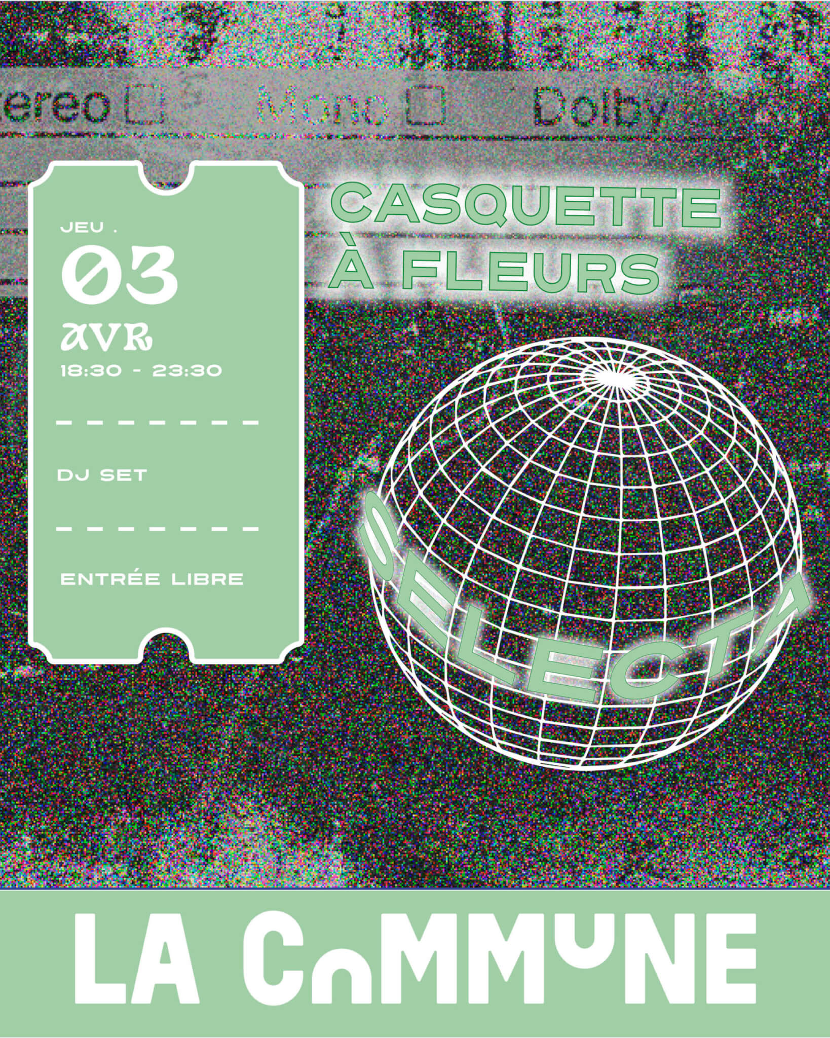 Affiche DJ Set Selecta du 3 avril à La Commune, visuel rétro avec boule disco et titre 